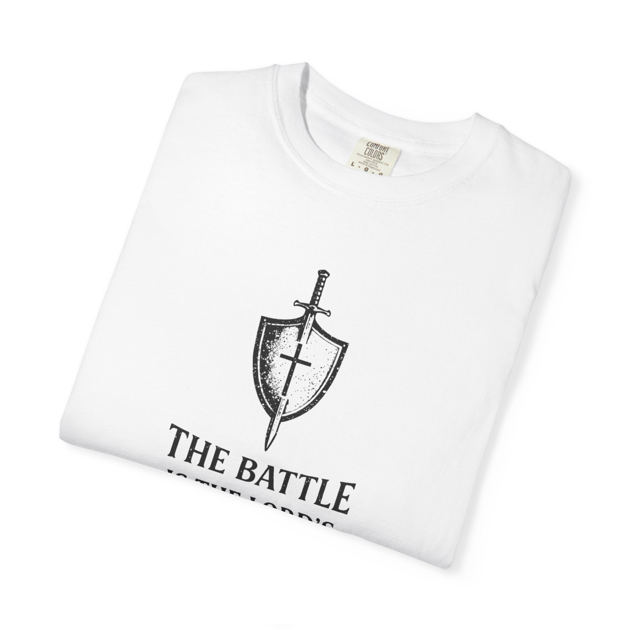Christian Sword & Shield T-Shirt — “The Battle Is The Lord’s” (1 Samuel 17:47)