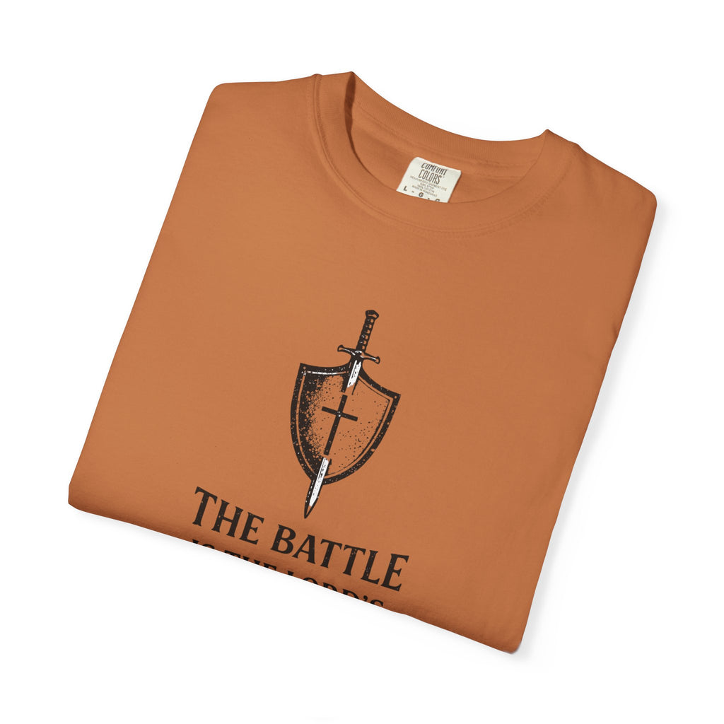Christian Sword & Shield T-Shirt — “The Battle Is The Lord’s” (1 Samuel 17:47)