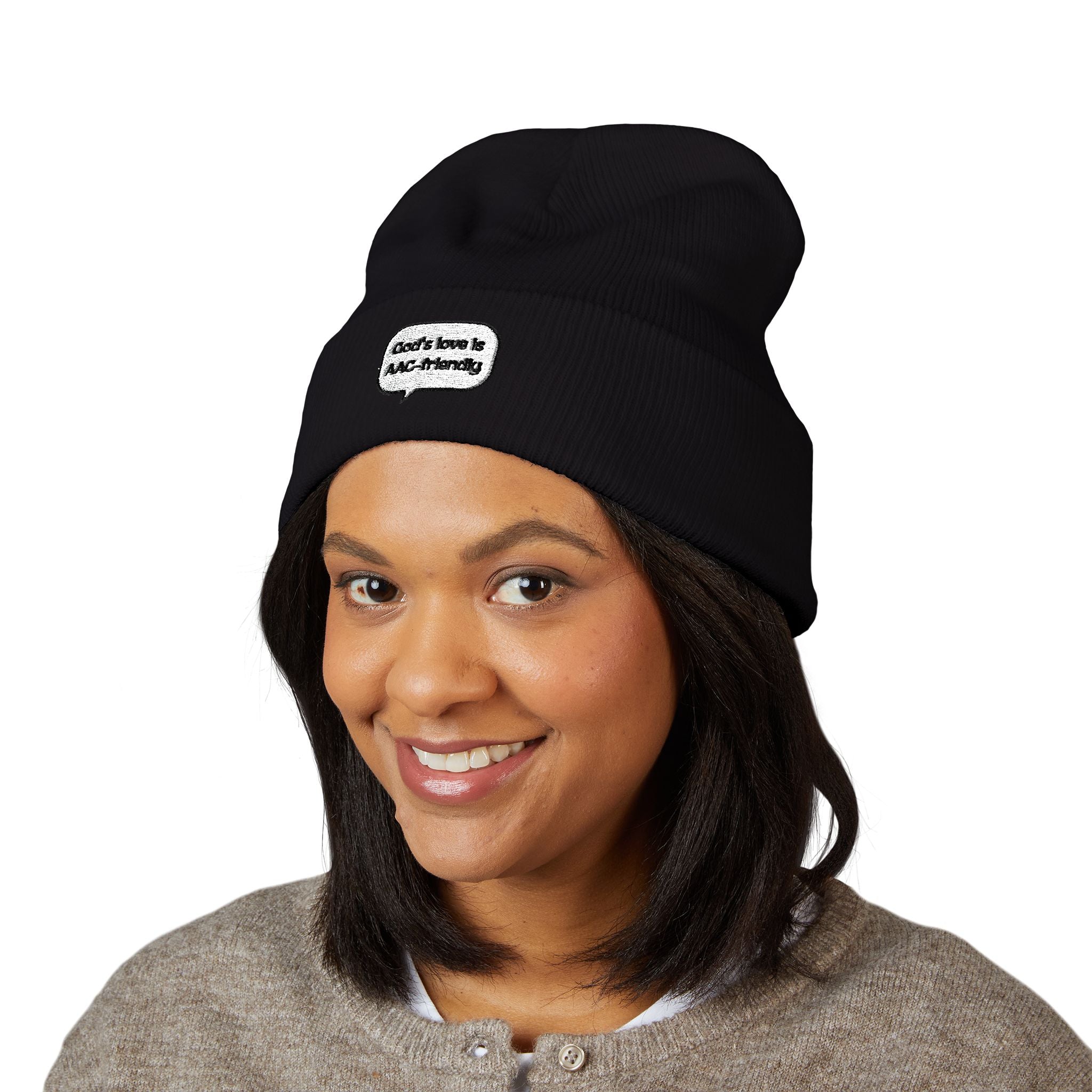 Embroidered Cuffed Beanie — Minimal Speech Bubble Design