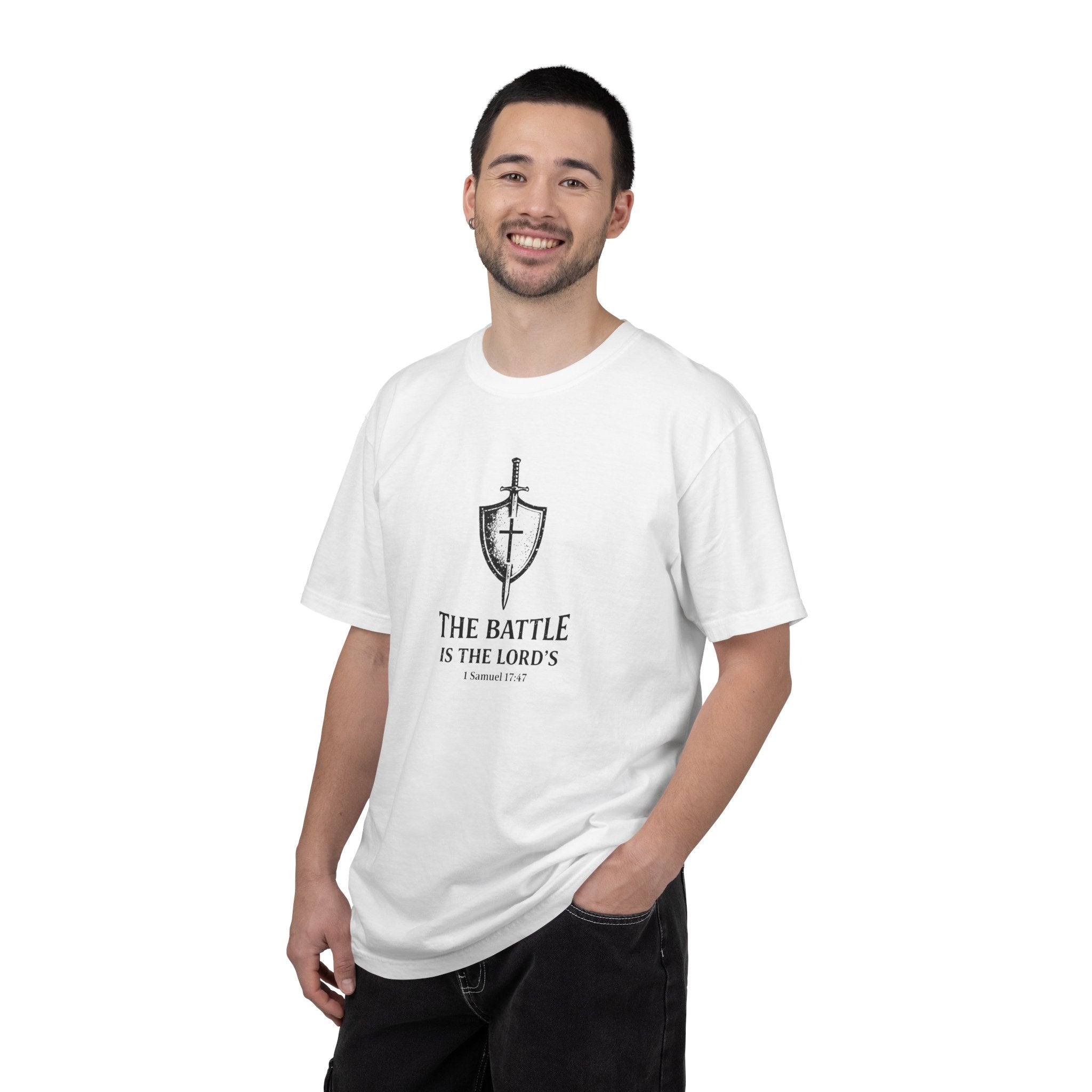 Christian Sword & Shield T-Shirt — “The Battle Is The Lord’s” (1 Samuel 17:47)