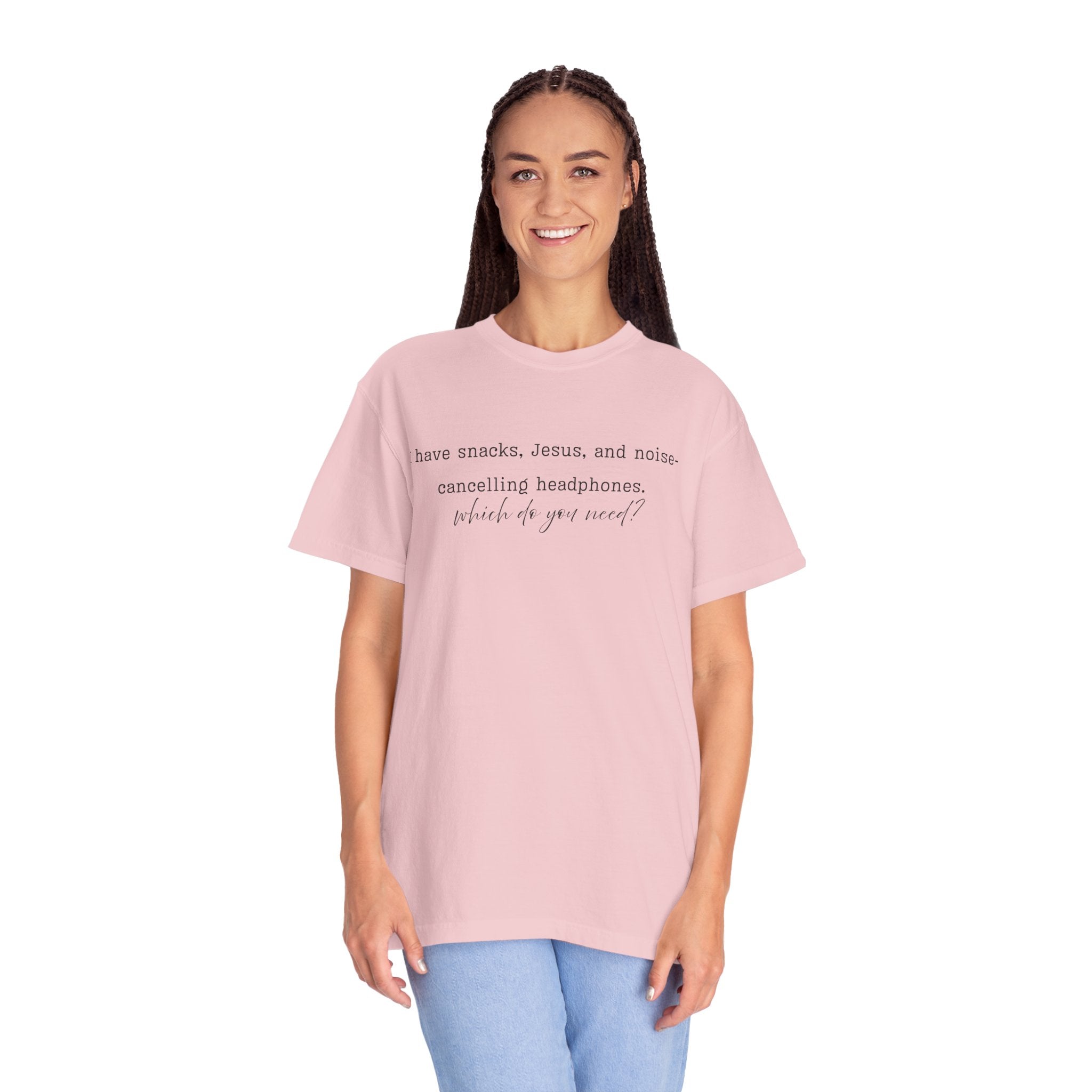 T-Shirt — "I have snacks, Jesus, and noise-canceling headphones. What do you need?" Inspirational Christian Graphic Tee