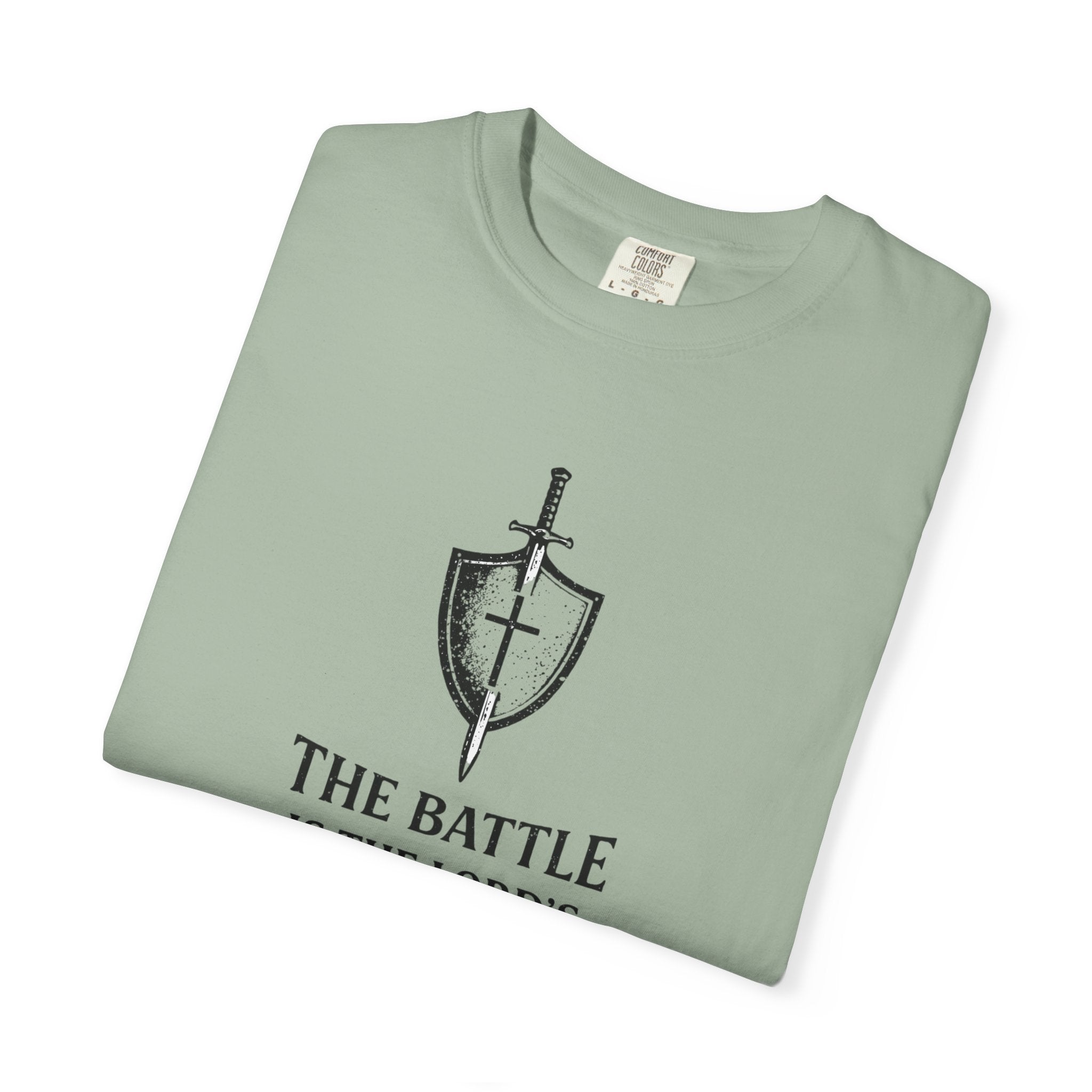 Christian Sword & Shield T-Shirt — “The Battle Is The Lord’s” (1 Samuel 17:47)
