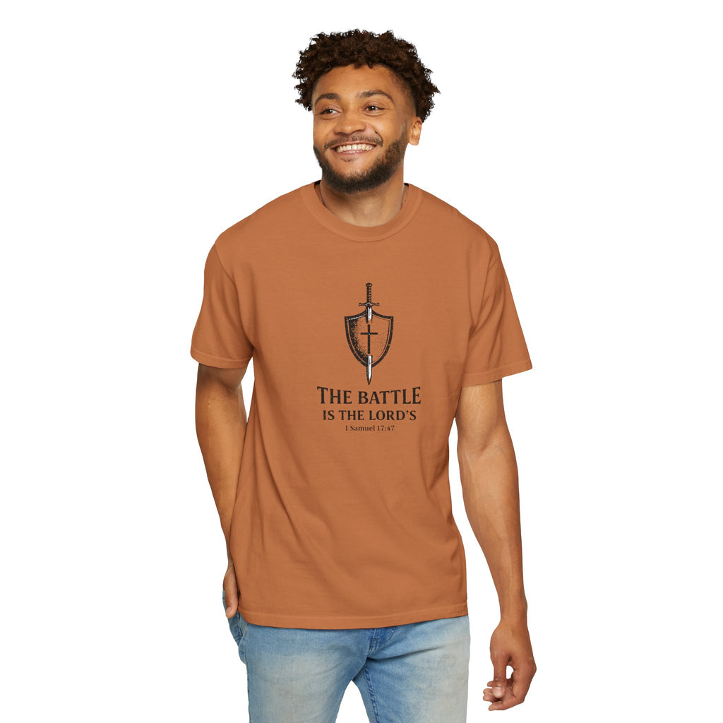 Christian Sword & Shield T-Shirt — “The Battle Is The Lord’s” (1 Samuel 17:47)