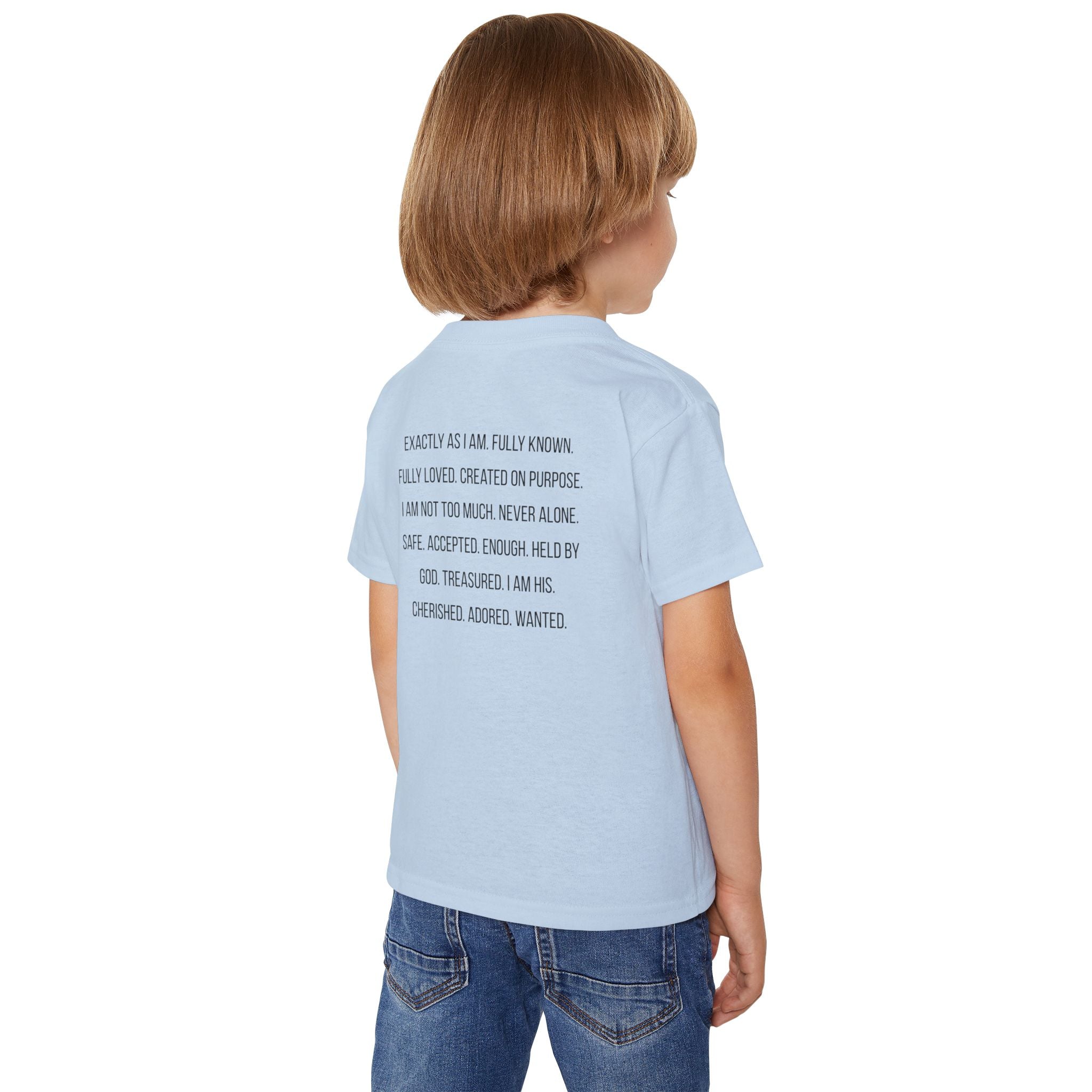 Toddler T-Shirt — “God Says I Am” Religious Affirmation Tee (Back Text: Encouraging Christian Statements)