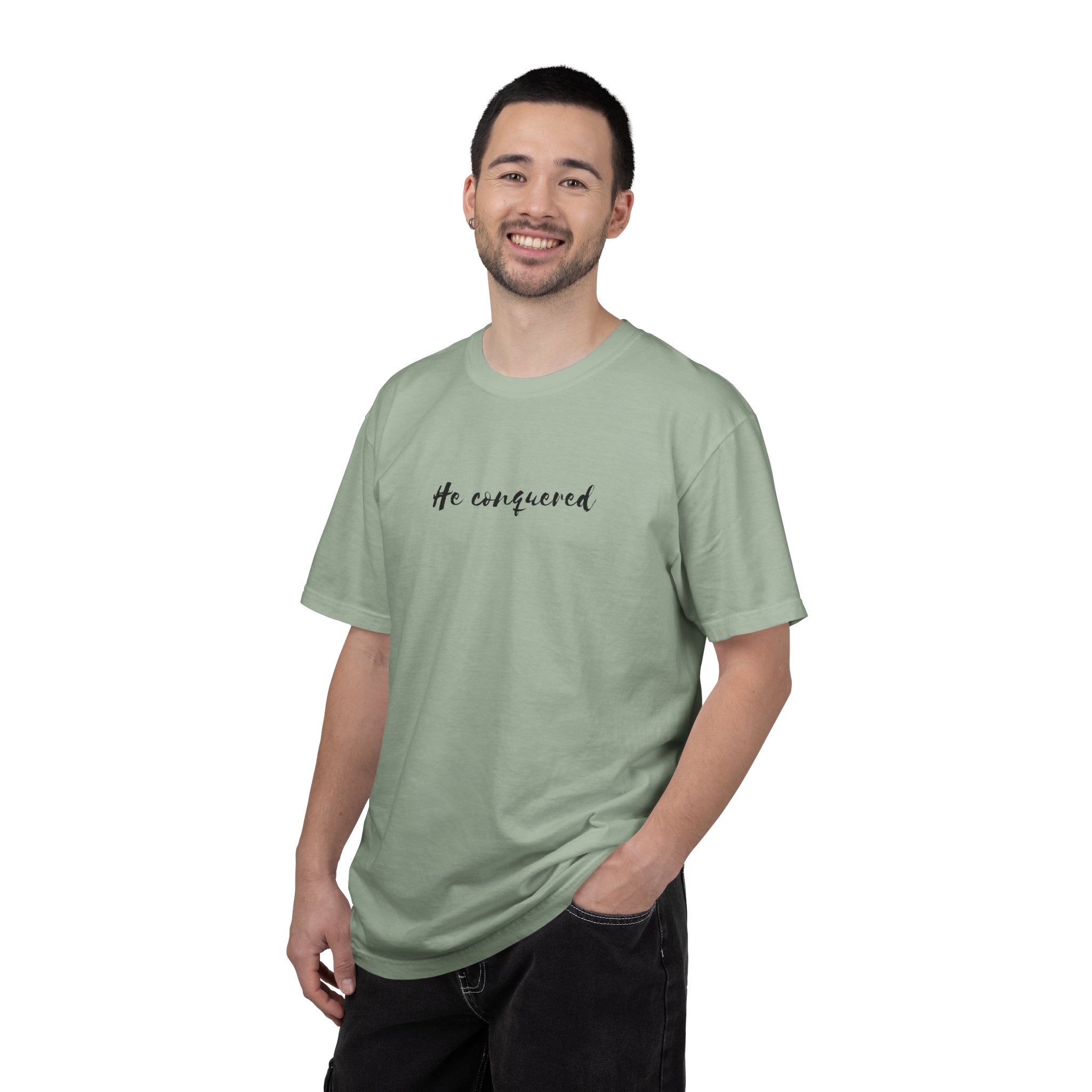 He Conquered T-Shirt — Christian Scripture John 16:33 Inspirational Tee