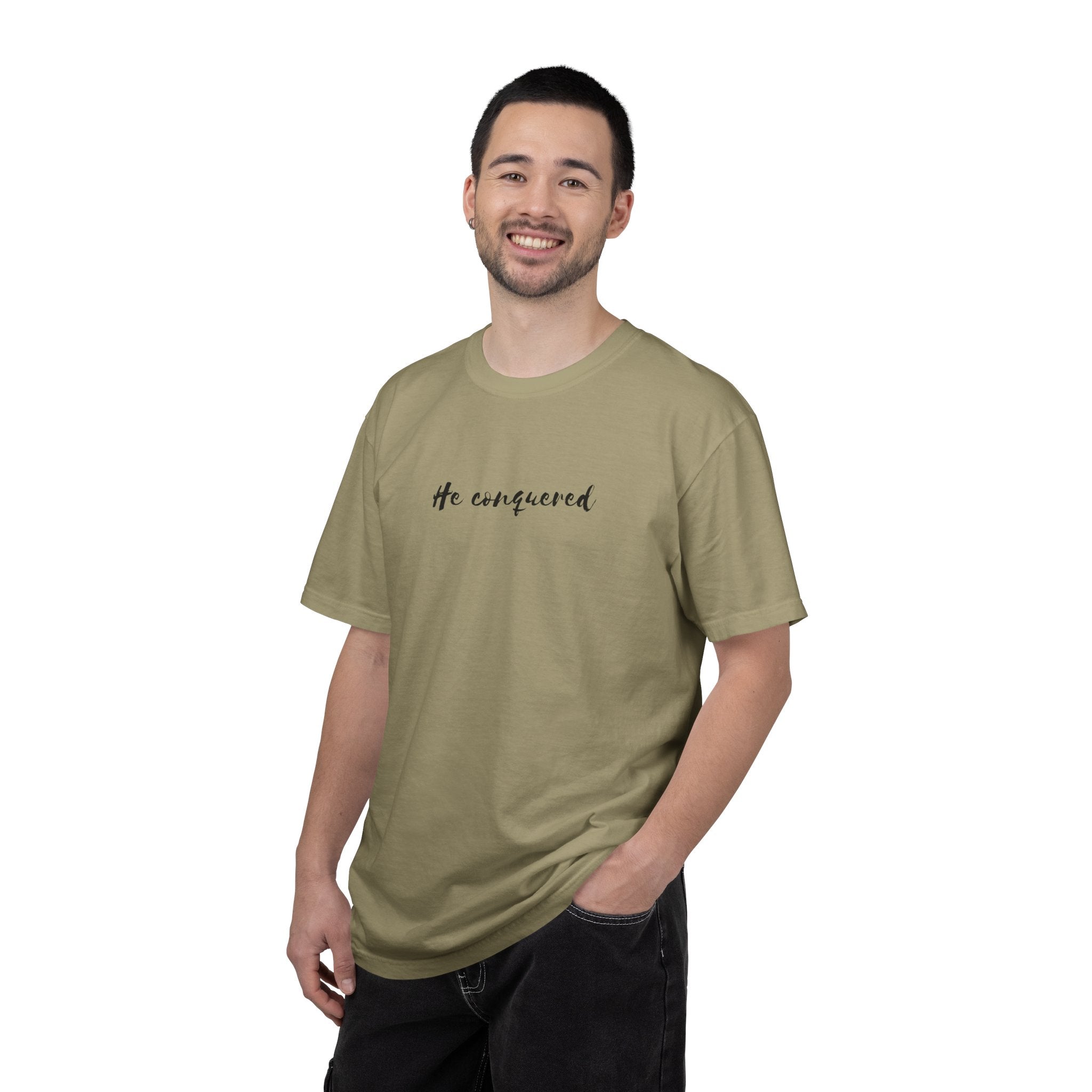 He Conquered T-Shirt — Christian Scripture John 16:33 Inspirational Tee