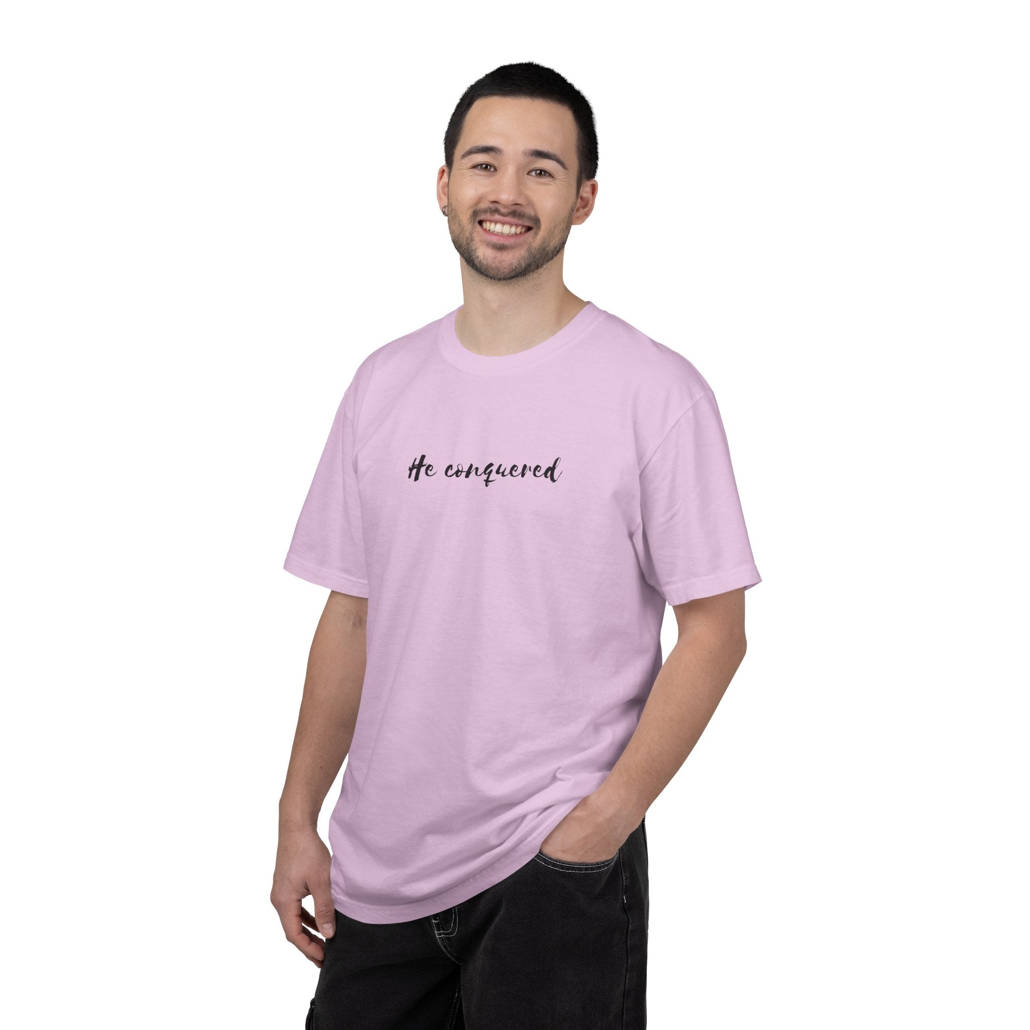 He Conquered T-Shirt — Christian Scripture John 16:33 Inspirational Tee