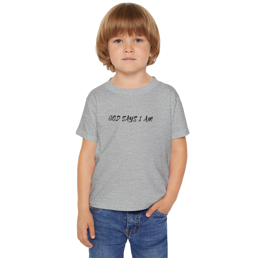 Toddler T-Shirt — “God Says I Am” Religious Affirmation Tee (Back Text: Encouraging Christian Statements)