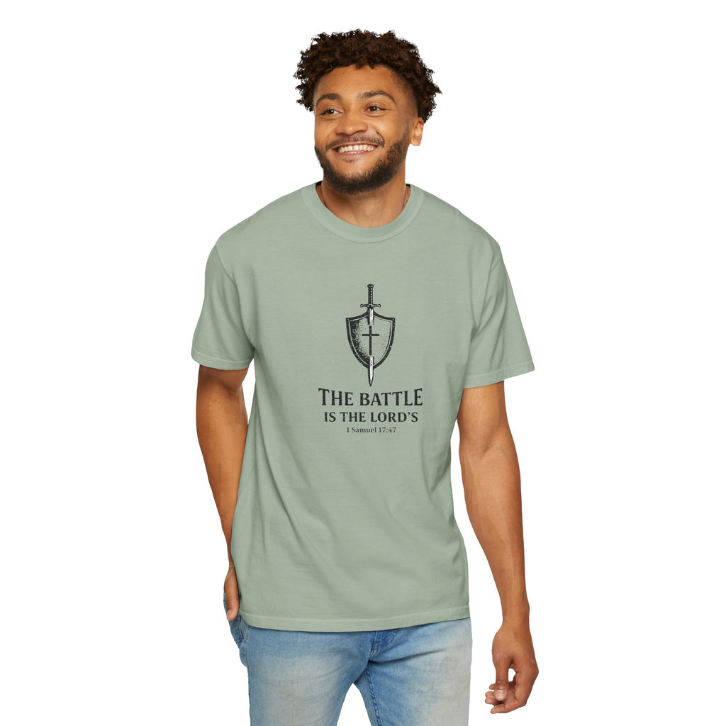 Christian Sword & Shield T-Shirt — “The Battle Is The Lord’s” (1 Samuel 17:47)