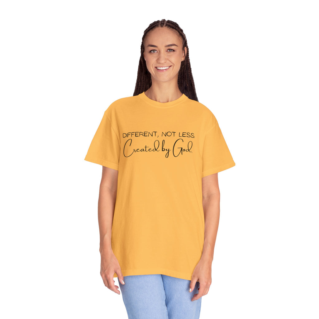 Created by God T-Shirt — "Different, Not Less" Christian Faith Tee