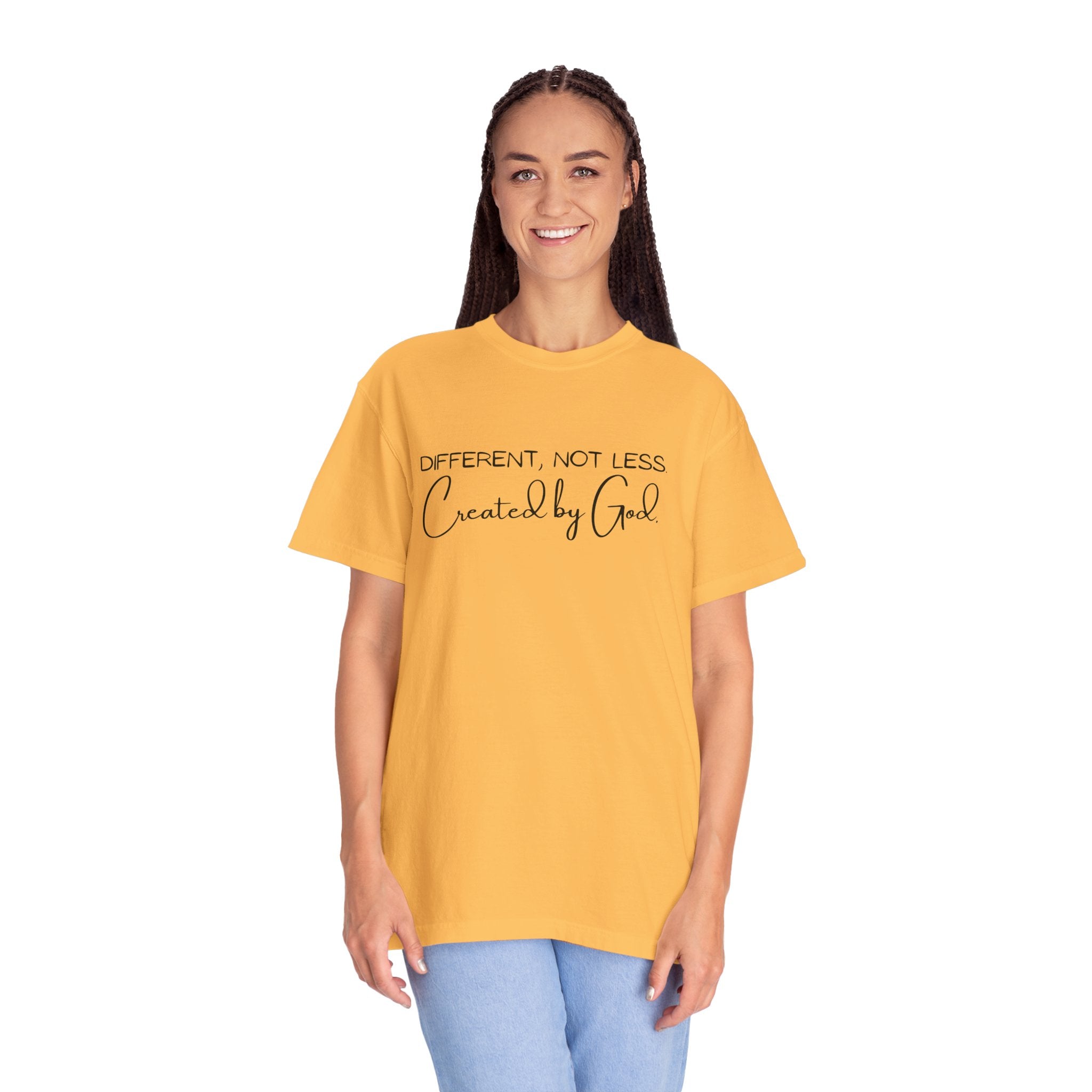 Created by God T-Shirt — "Different, Not Less" Christian Faith Tee