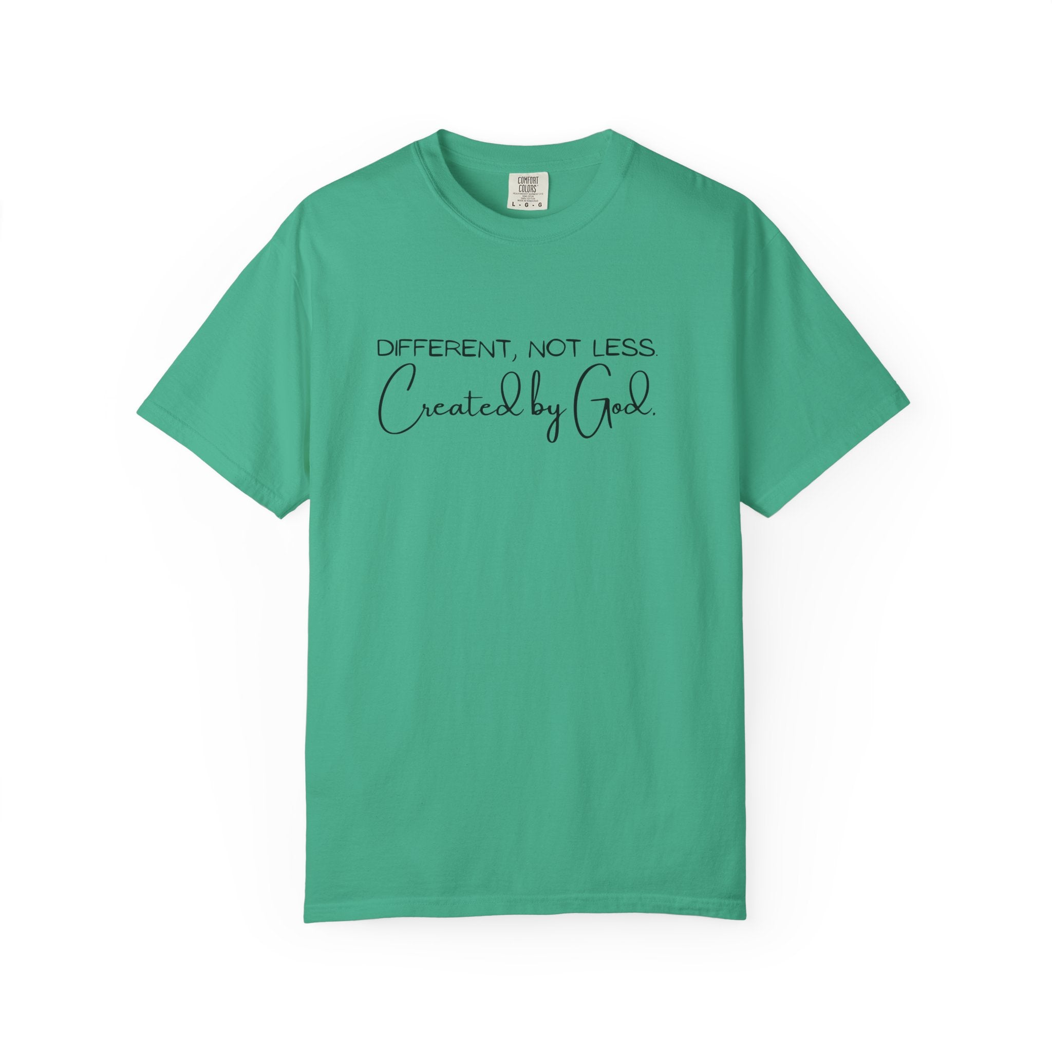Created by God T-Shirt — "Different, Not Less" Christian Faith Tee