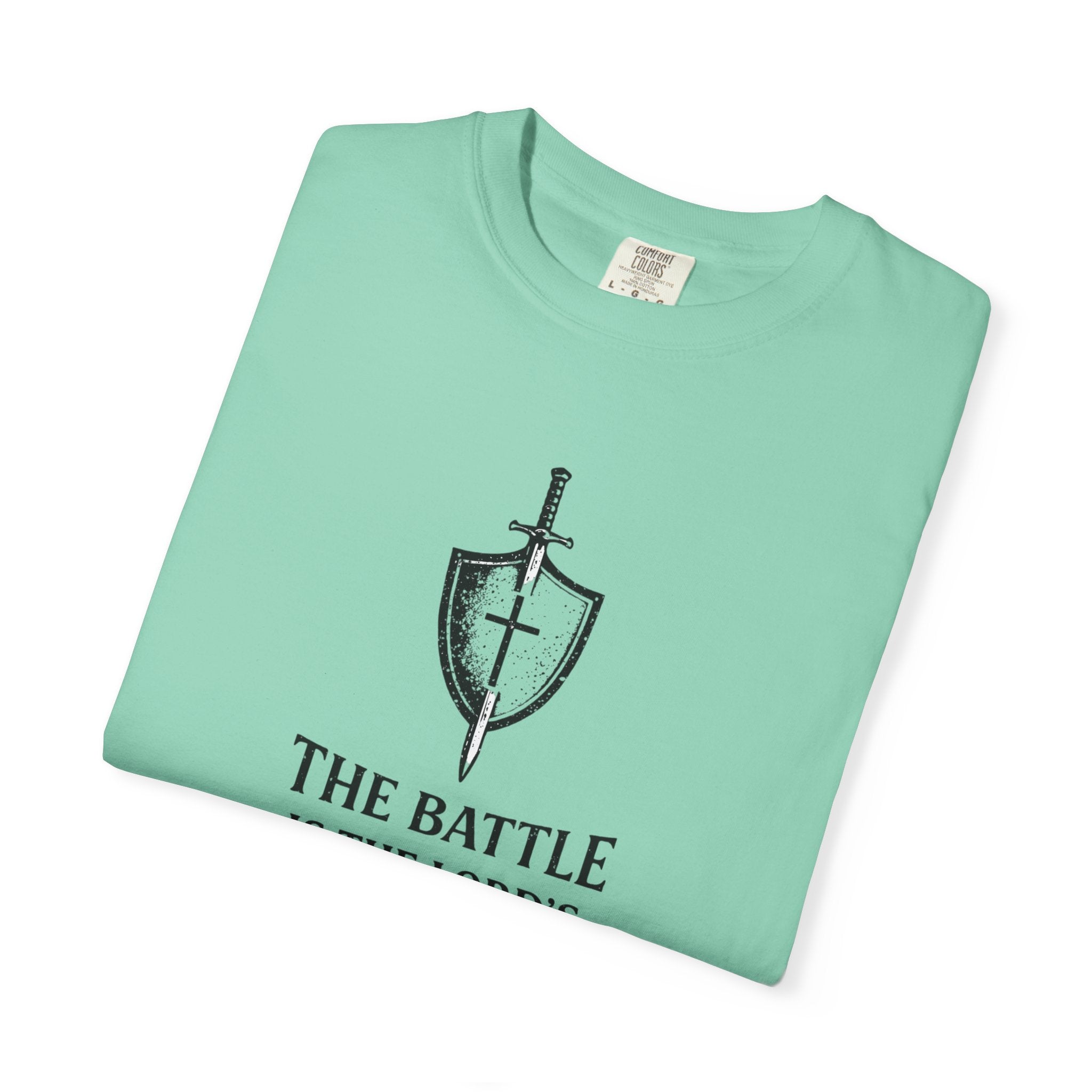 Christian Sword & Shield T-Shirt — “The Battle Is The Lord’s” (1 Samuel 17:47)