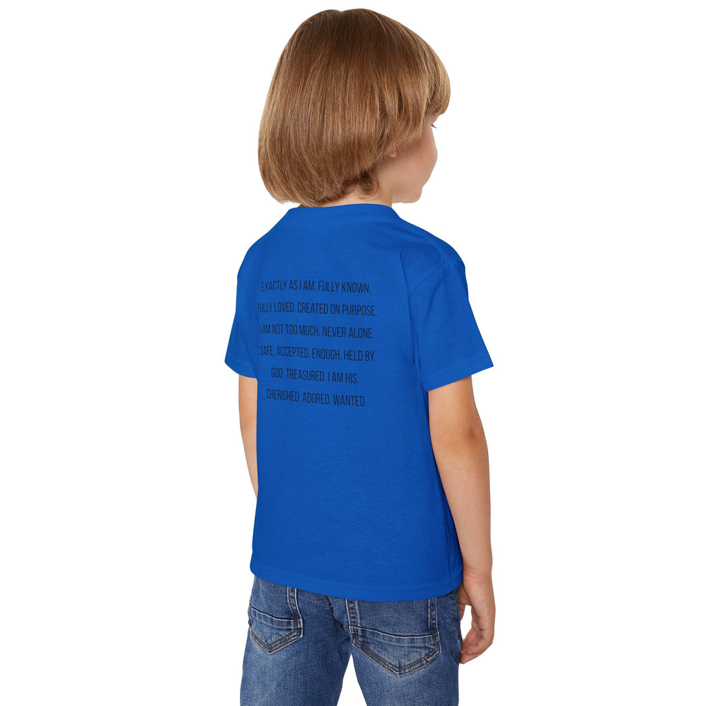 Toddler T-Shirt — “God Says I Am” Religious Affirmation Tee (Back Text: Encouraging Christian Statements)