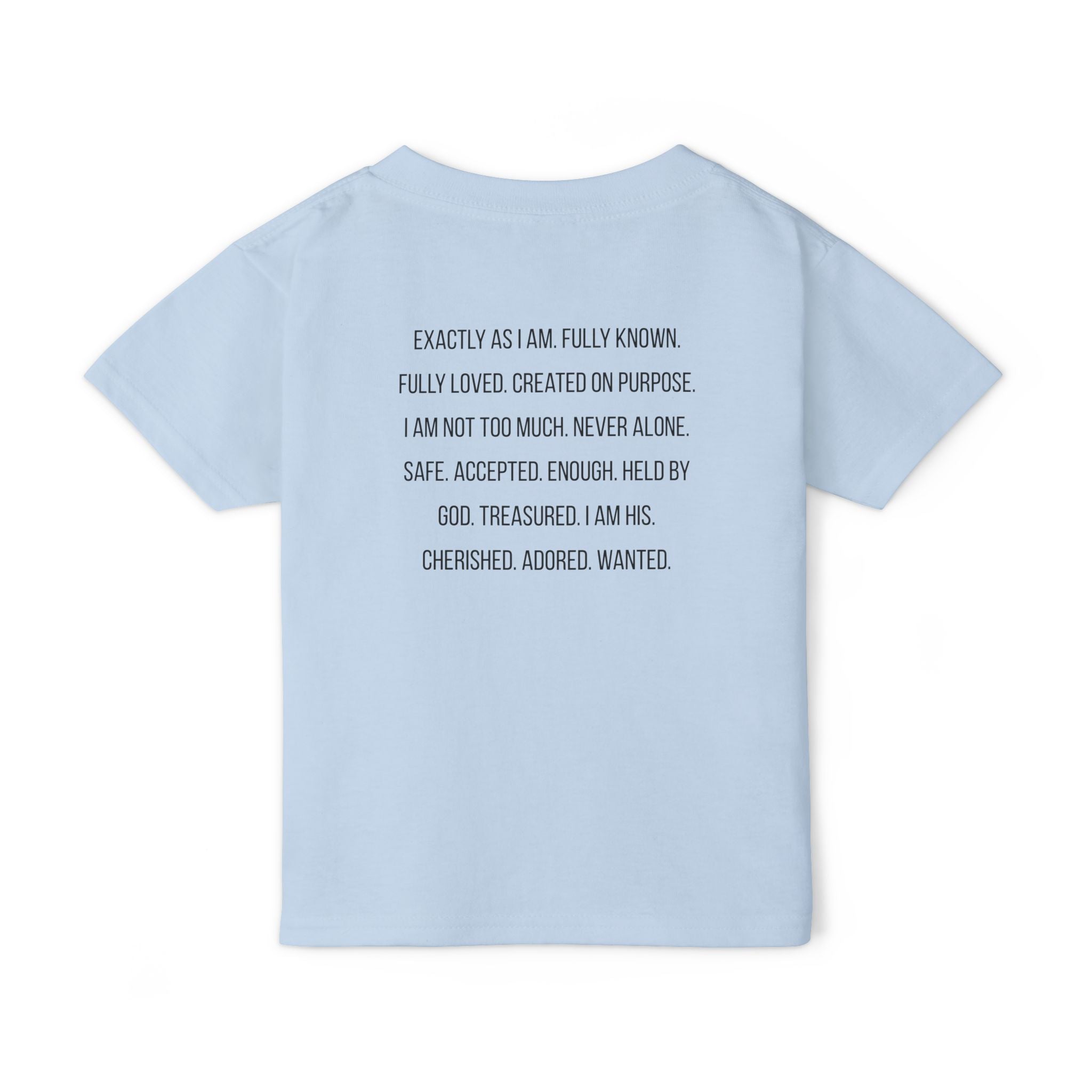 Toddler T-Shirt — “God Says I Am” Religious Affirmation Tee (Back Text: Encouraging Christian Statements)