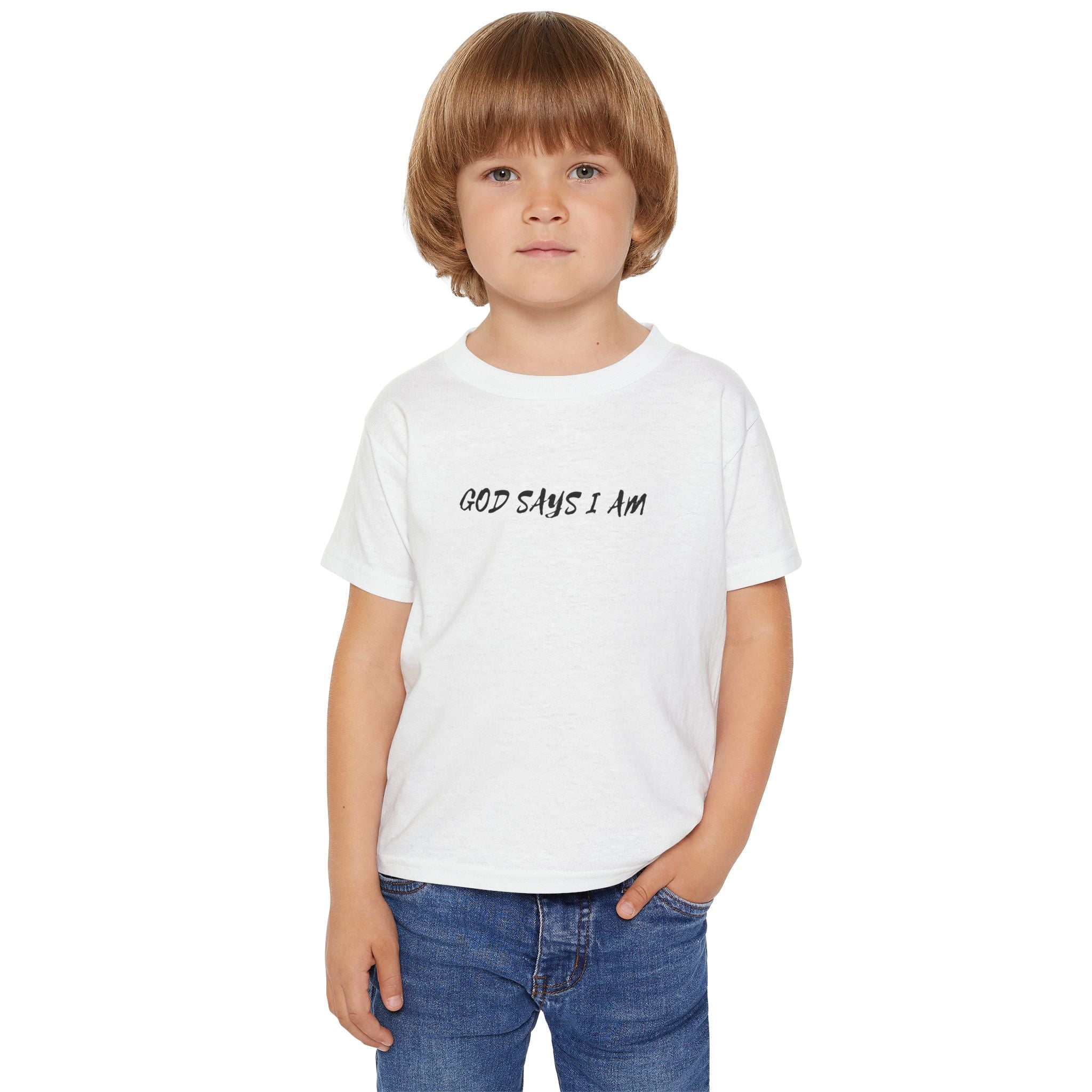 Toddler T-Shirt — “God Says I Am” Religious Affirmation Tee (Back Text: Encouraging Christian Statements)