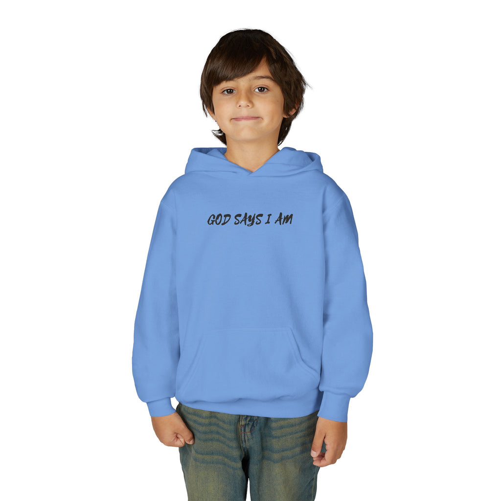 Youth Hoodie — "God Says I Am" Inspirational Christian Pullover