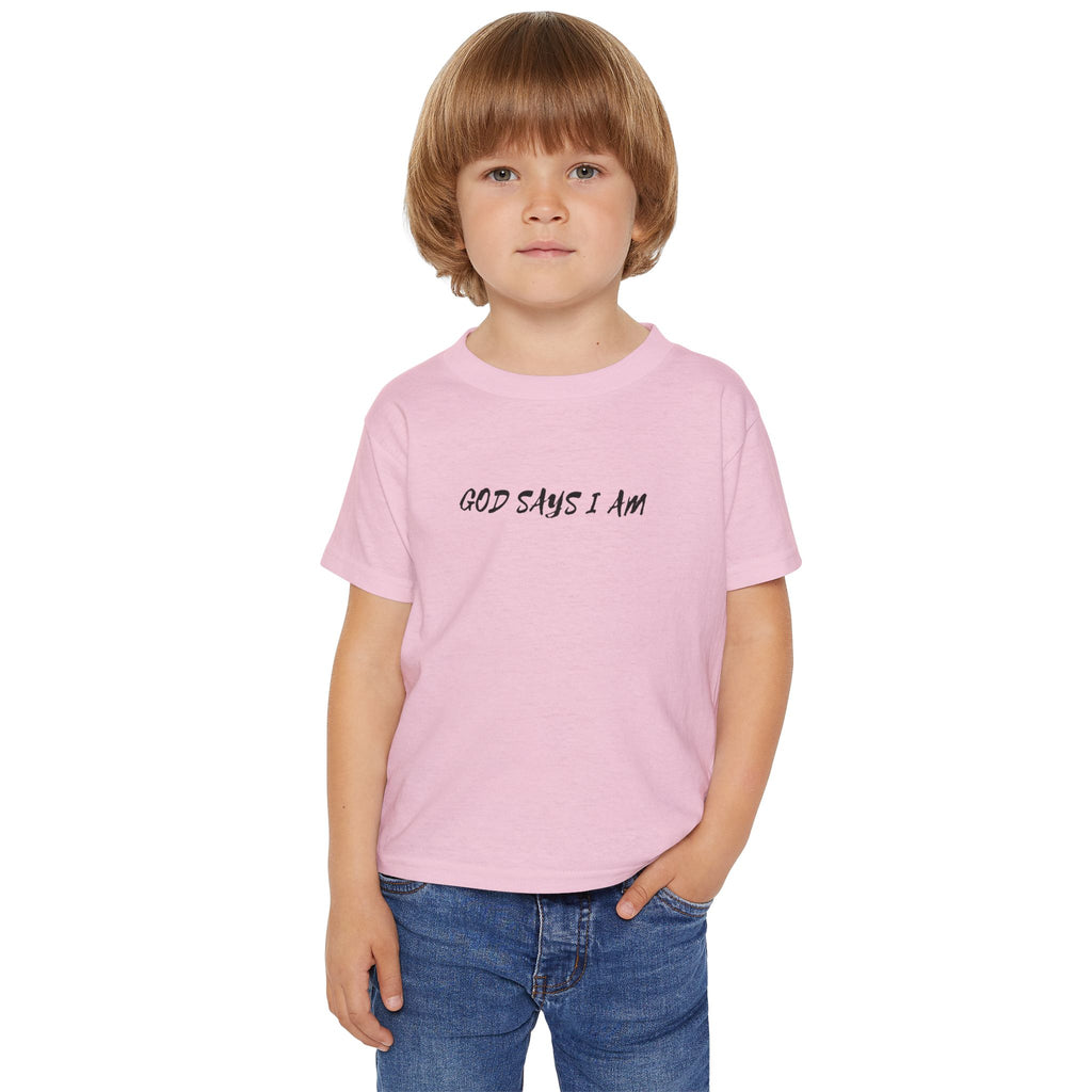 Toddler T-Shirt — “God Says I Am” Religious Affirmation Tee (Back Text: Encouraging Christian Statements)