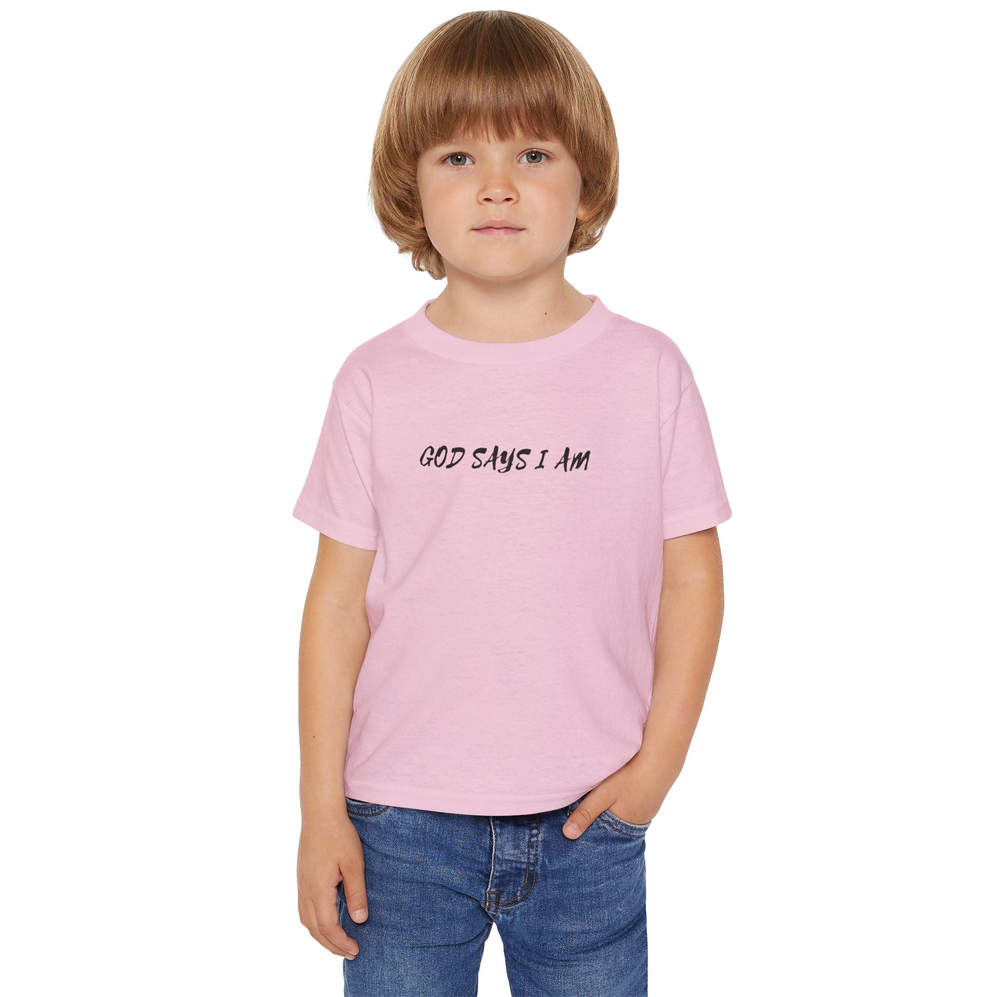 Toddler T-Shirt — “God Says I Am” Religious Affirmation Tee (Back Text: Encouraging Christian Statements)