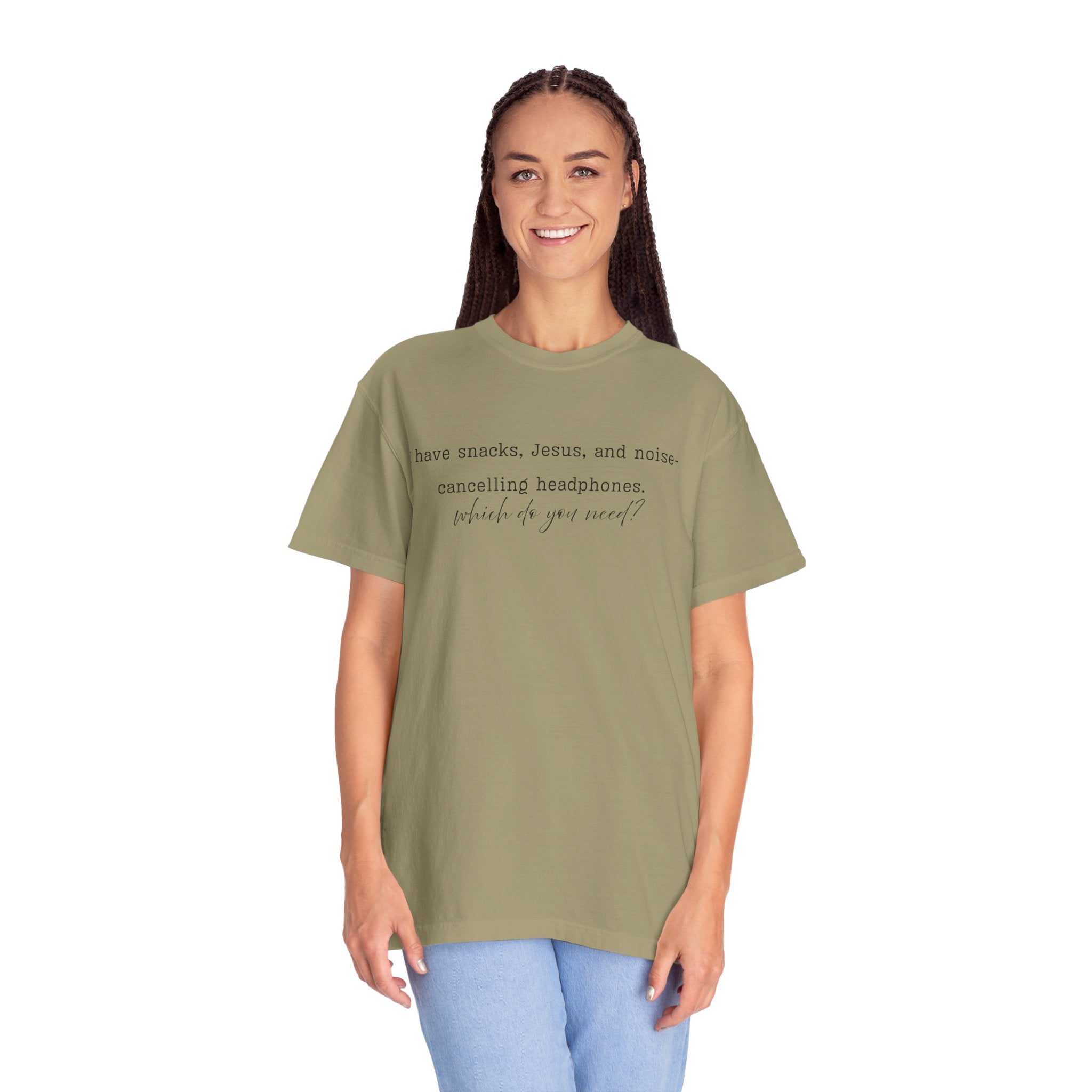 T-Shirt — "I have snacks, Jesus, and noise-canceling headphones. What do you need?" Inspirational Christian Graphic Tee