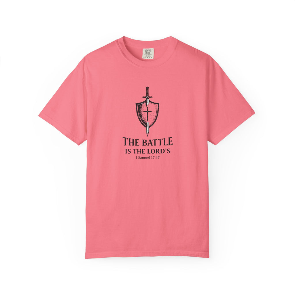 Christian Sword & Shield T-Shirt — “The Battle Is The Lord’s” (1 Samuel 17:47)