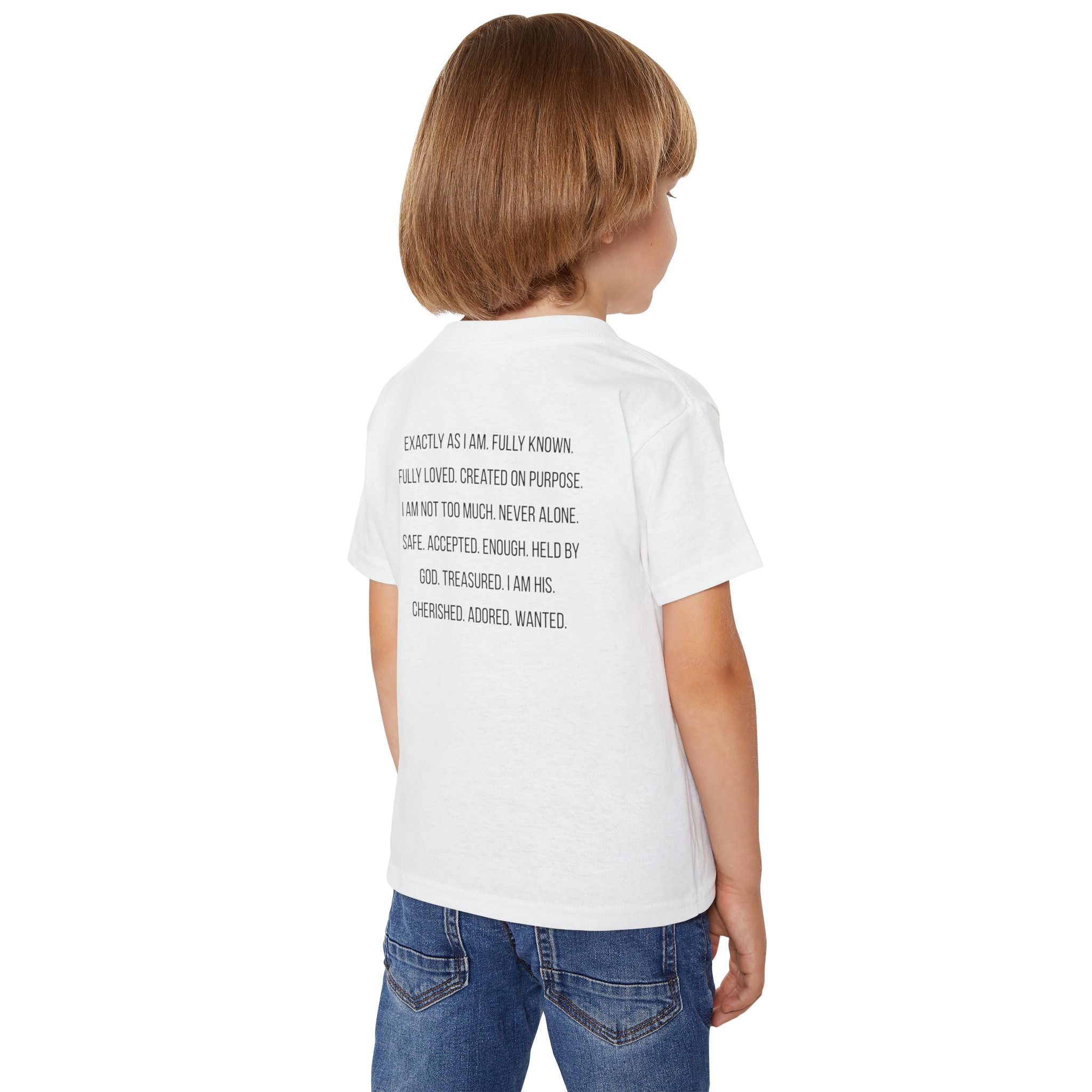 Toddler T-Shirt — “God Says I Am” Religious Affirmation Tee (Back Text: Encouraging Christian Statements)