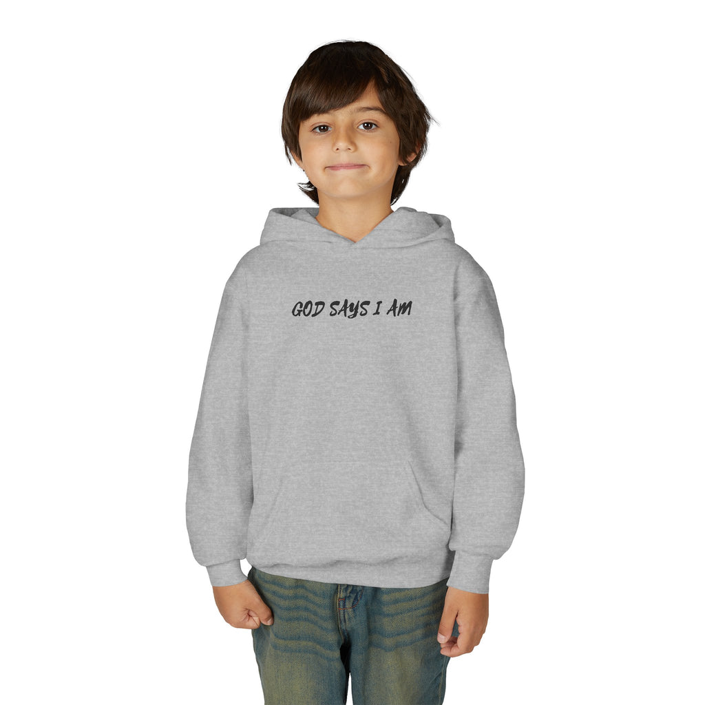 Youth Hoodie — "God Says I Am" Inspirational Christian Pullover