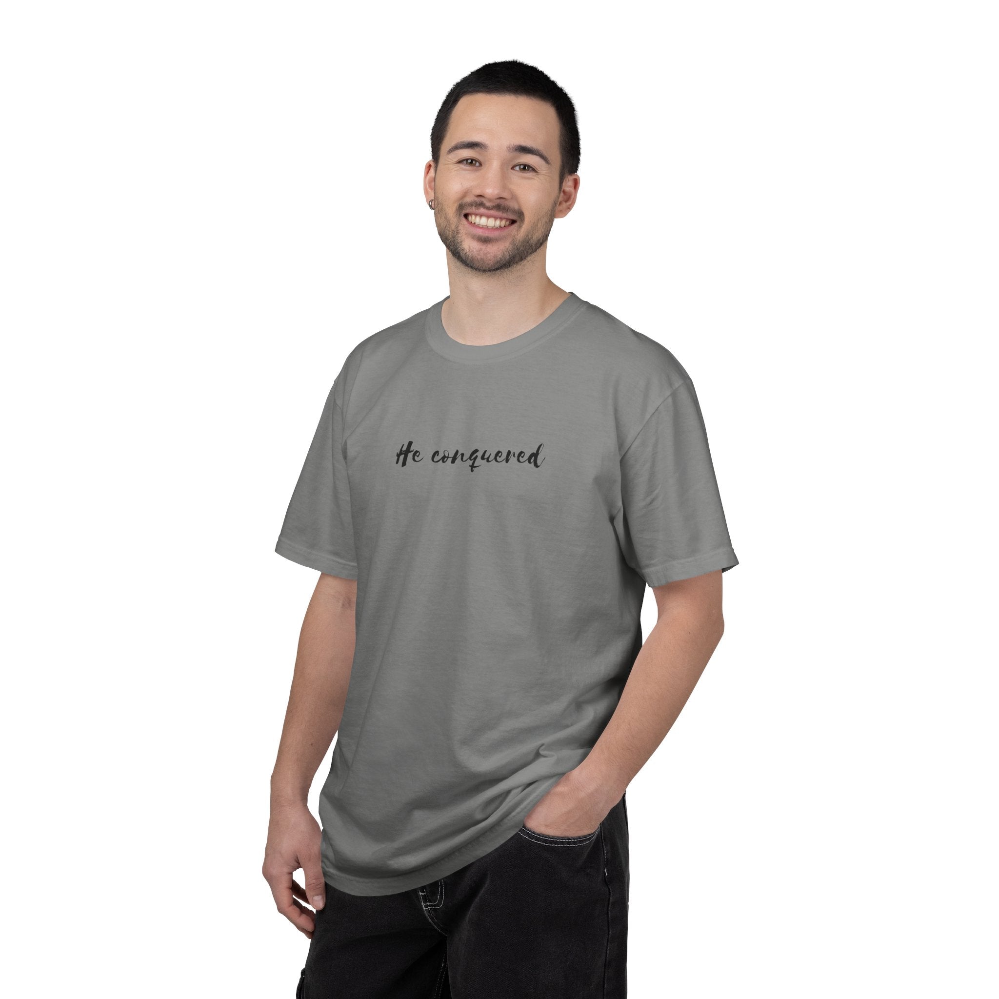He Conquered T-Shirt — Christian Scripture John 16:33 Inspirational Tee