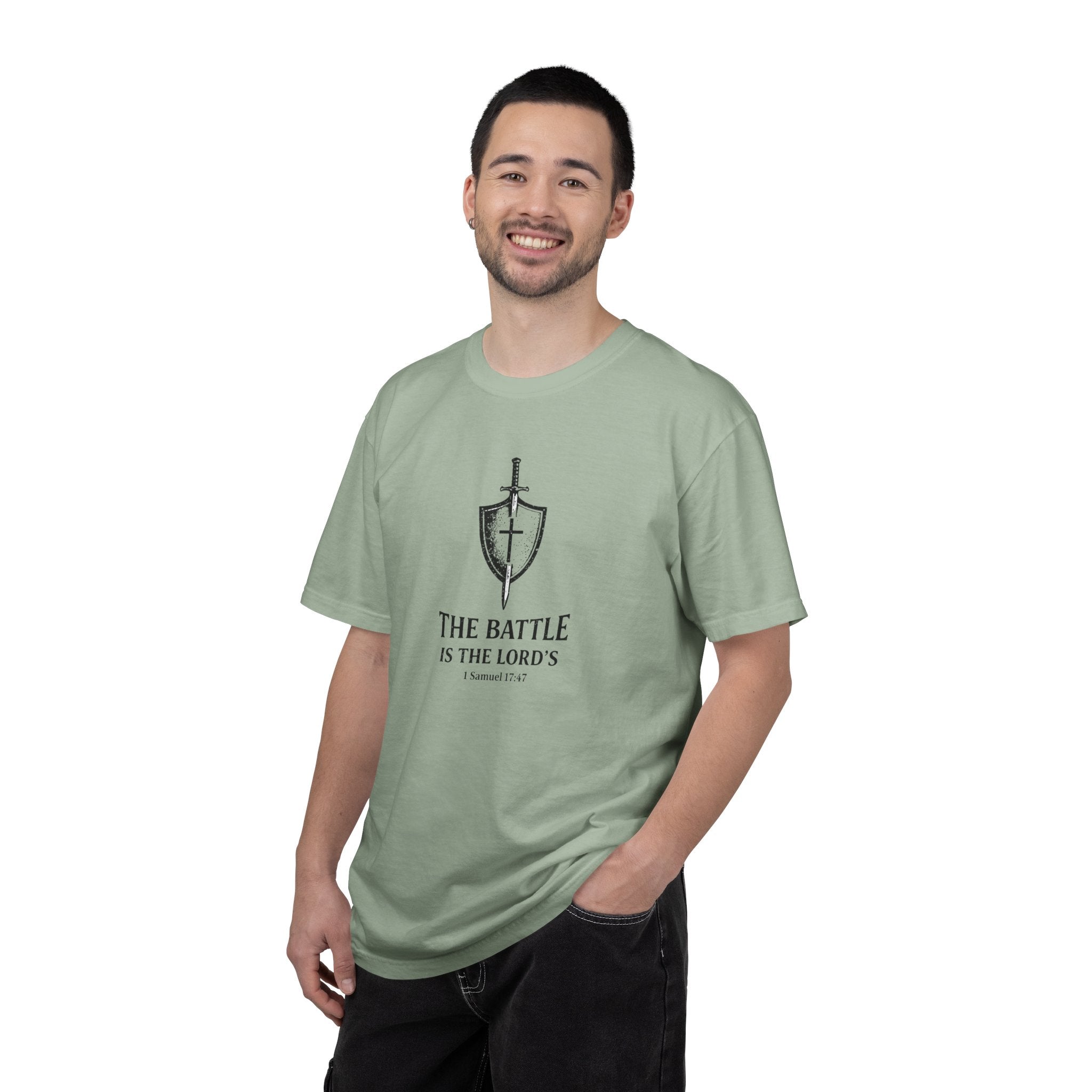 Christian Sword & Shield T-Shirt — “The Battle Is The Lord’s” (1 Samuel 17:47)