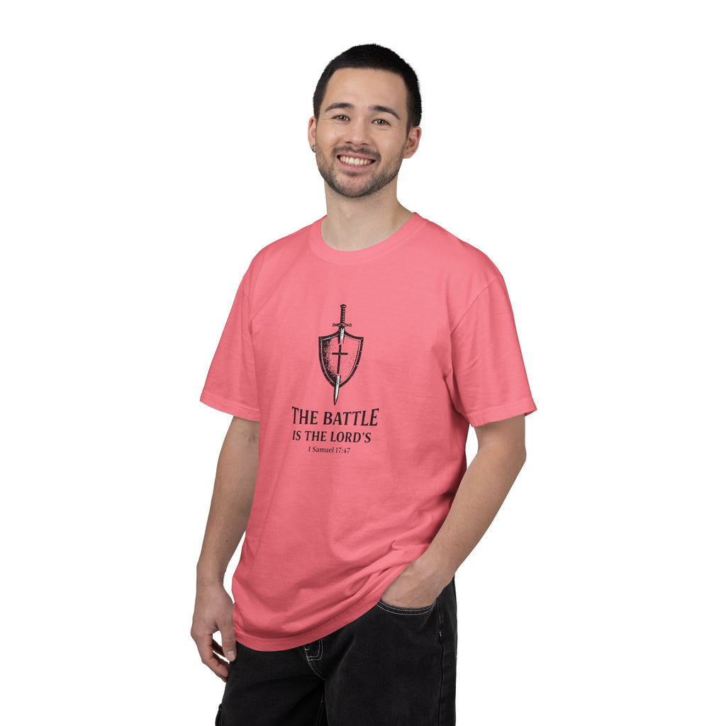 Christian Sword & Shield T-Shirt — “The Battle Is The Lord’s” (1 Samuel 17:47)