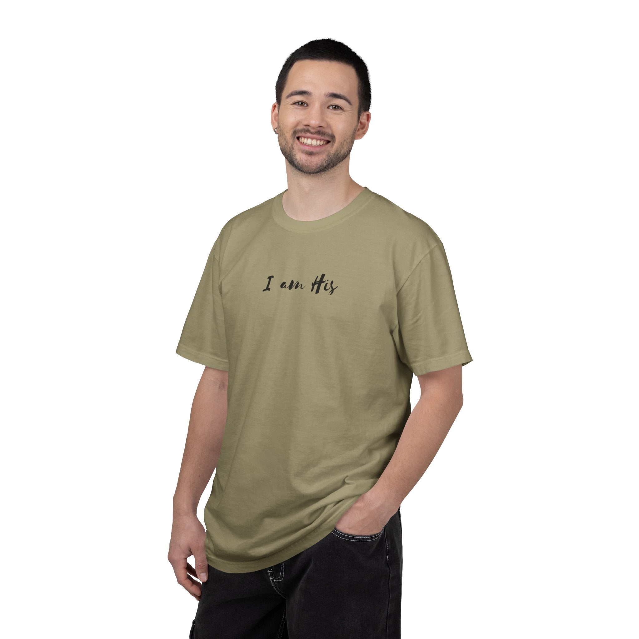 I Am His T-Shirt — Minimal Christian Scripture Tee (Isaiah 41:10 Back)