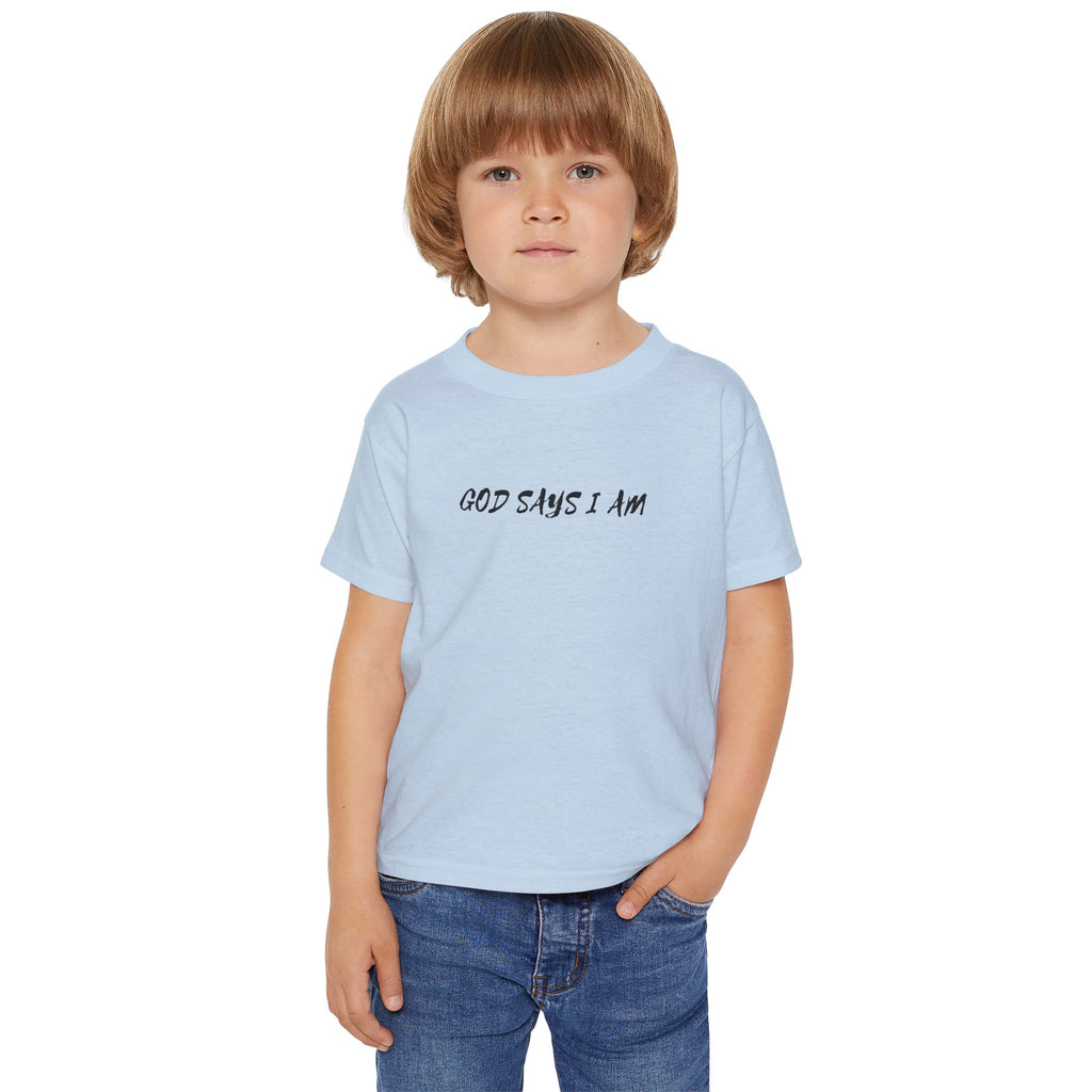 Toddler T-Shirt — “God Says I Am” Religious Affirmation Tee (Back Text: Encouraging Christian Statements)