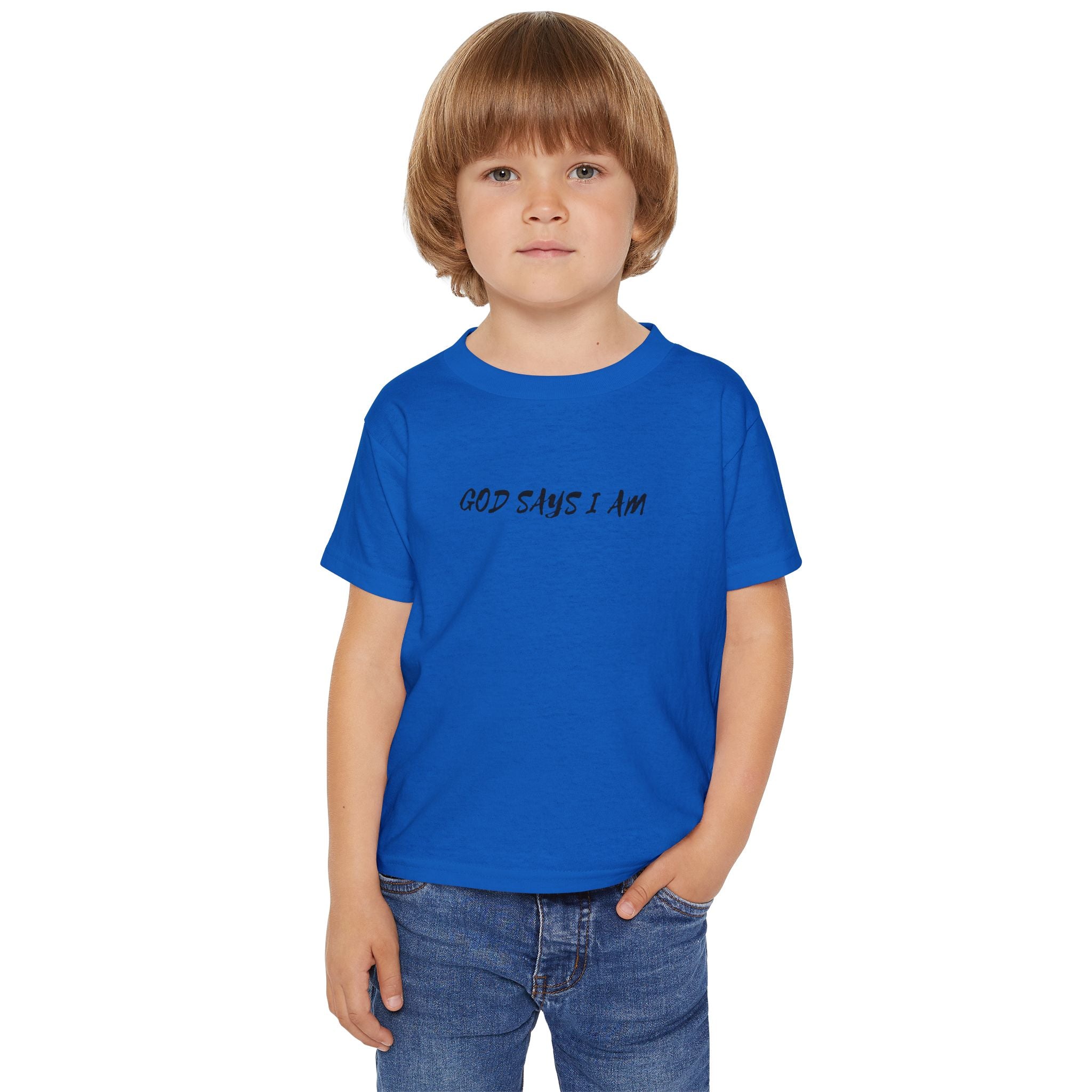 Toddler T-Shirt — “God Says I Am” Religious Affirmation Tee (Back Text: Encouraging Christian Statements)
