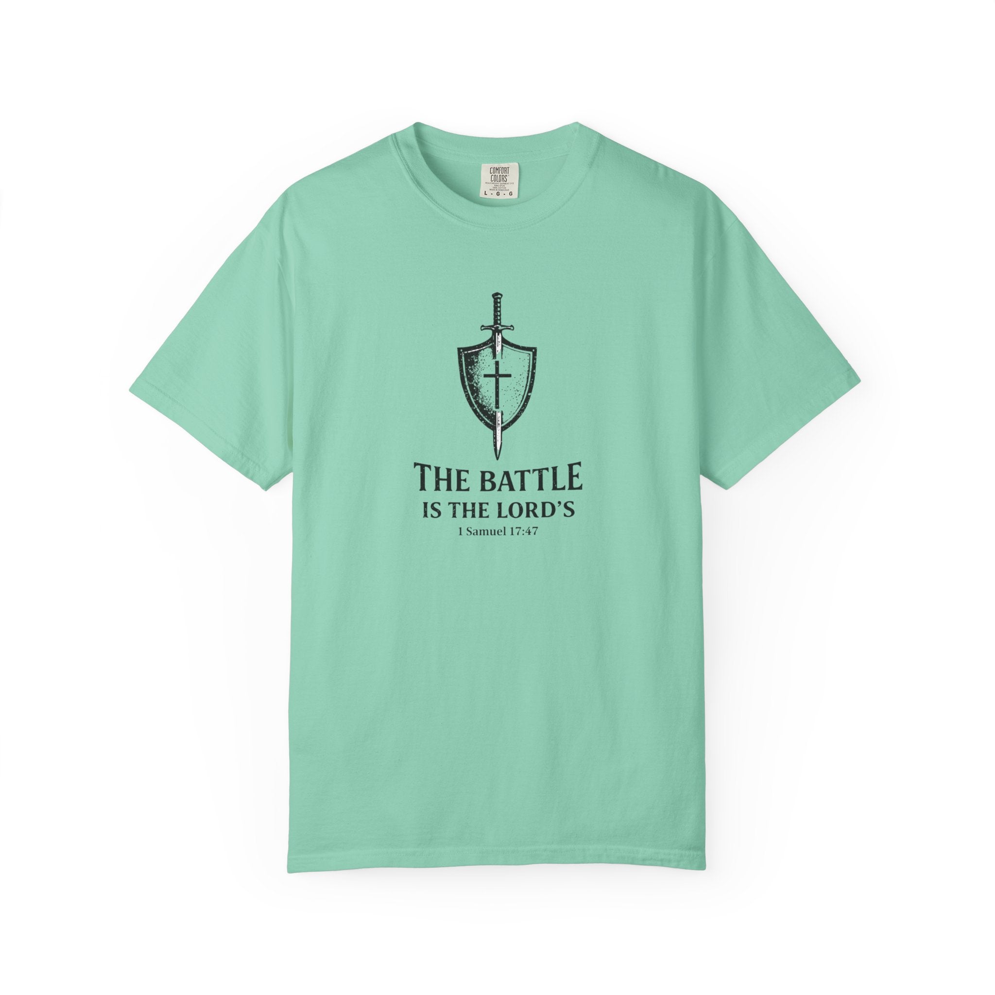 Christian Sword & Shield T-Shirt — “The Battle Is The Lord’s” (1 Samuel 17:47)