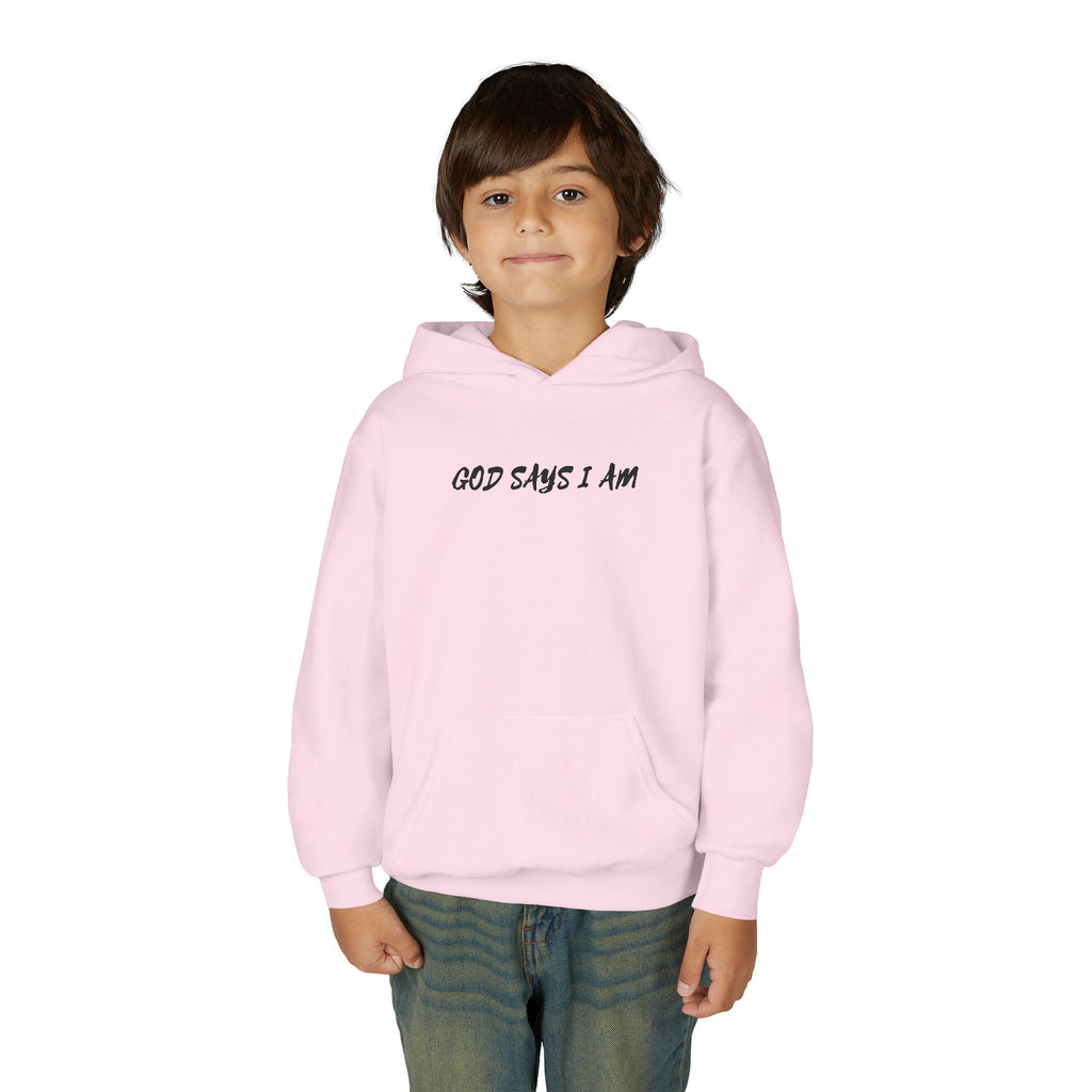 Youth Hoodie — "God Says I Am" Inspirational Christian Pullover