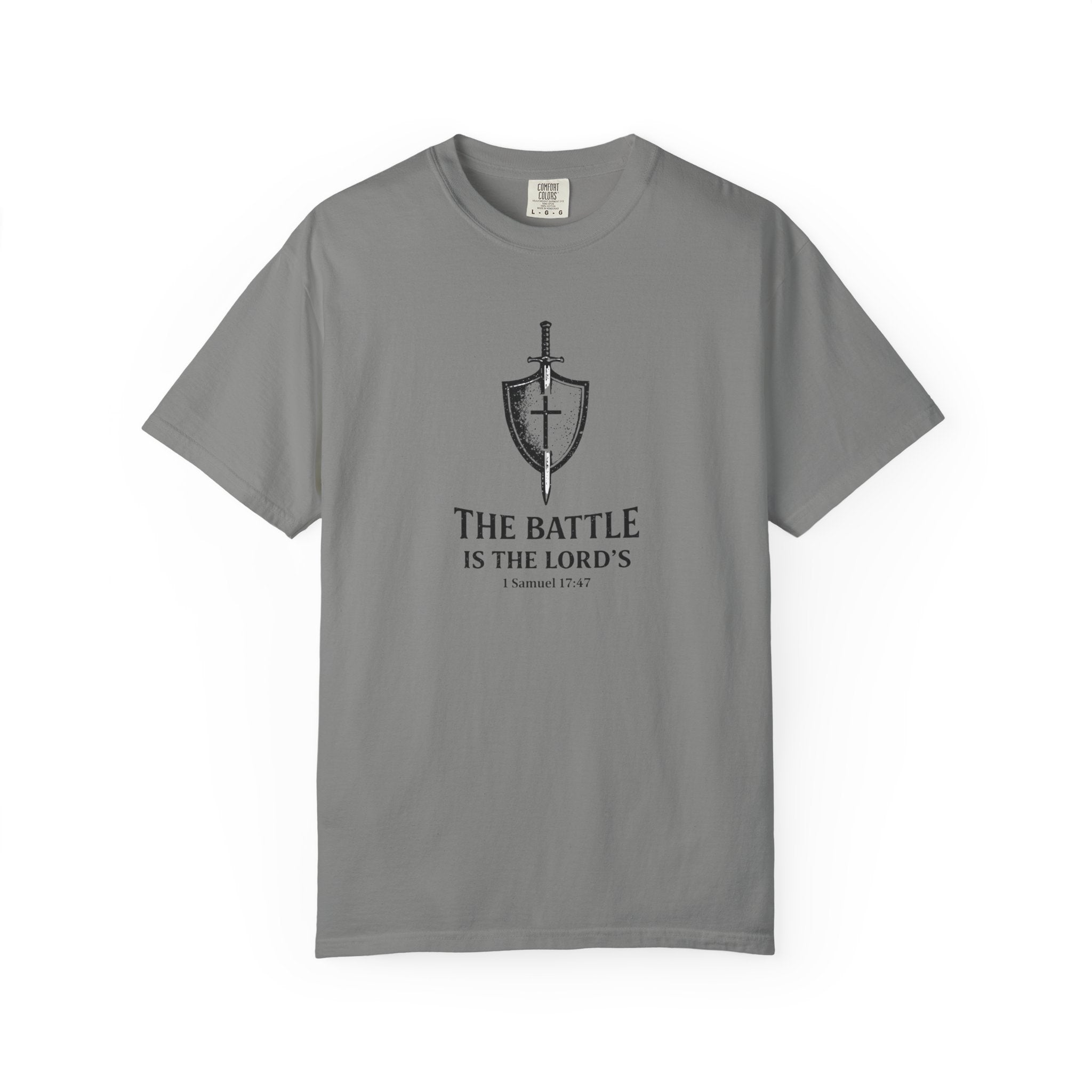 Christian Sword & Shield T-Shirt — “The Battle Is The Lord’s” (1 Samuel 17:47)