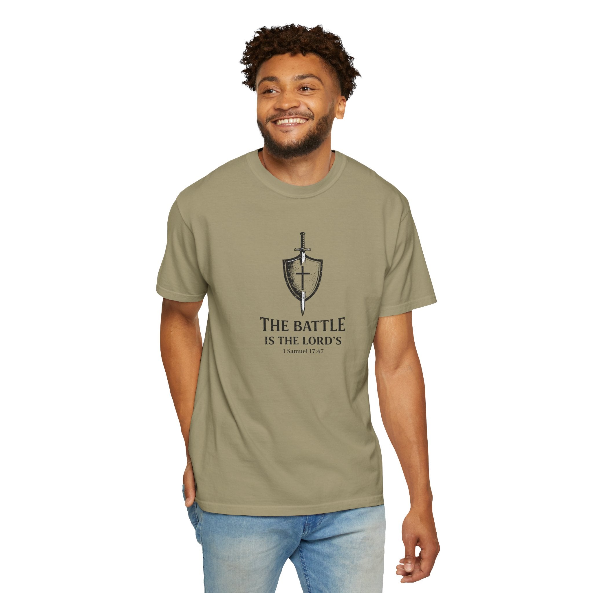Christian Sword & Shield T-Shirt — “The Battle Is The Lord’s” (1 Samuel 17:47)