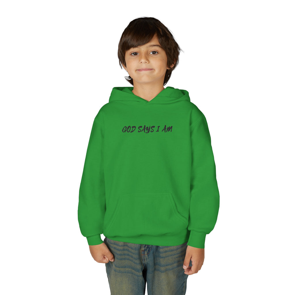 Youth Hoodie — "God Says I Am" Inspirational Christian Pullover