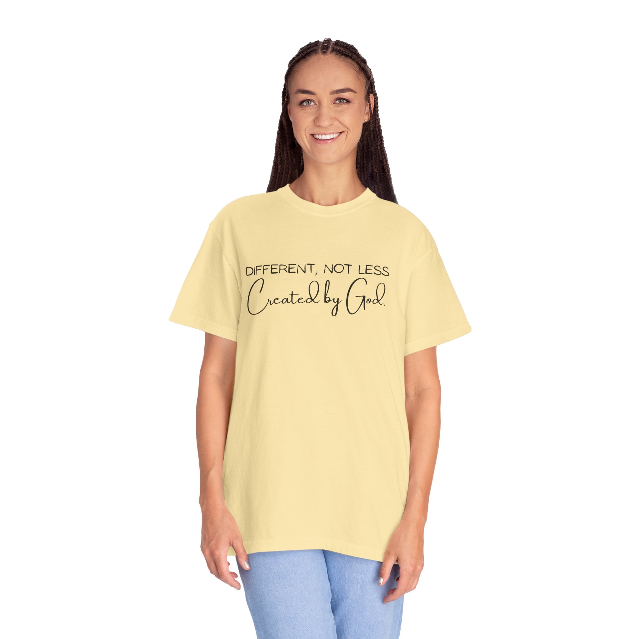 Created by God T-Shirt — "Different, Not Less" Christian Faith Tee