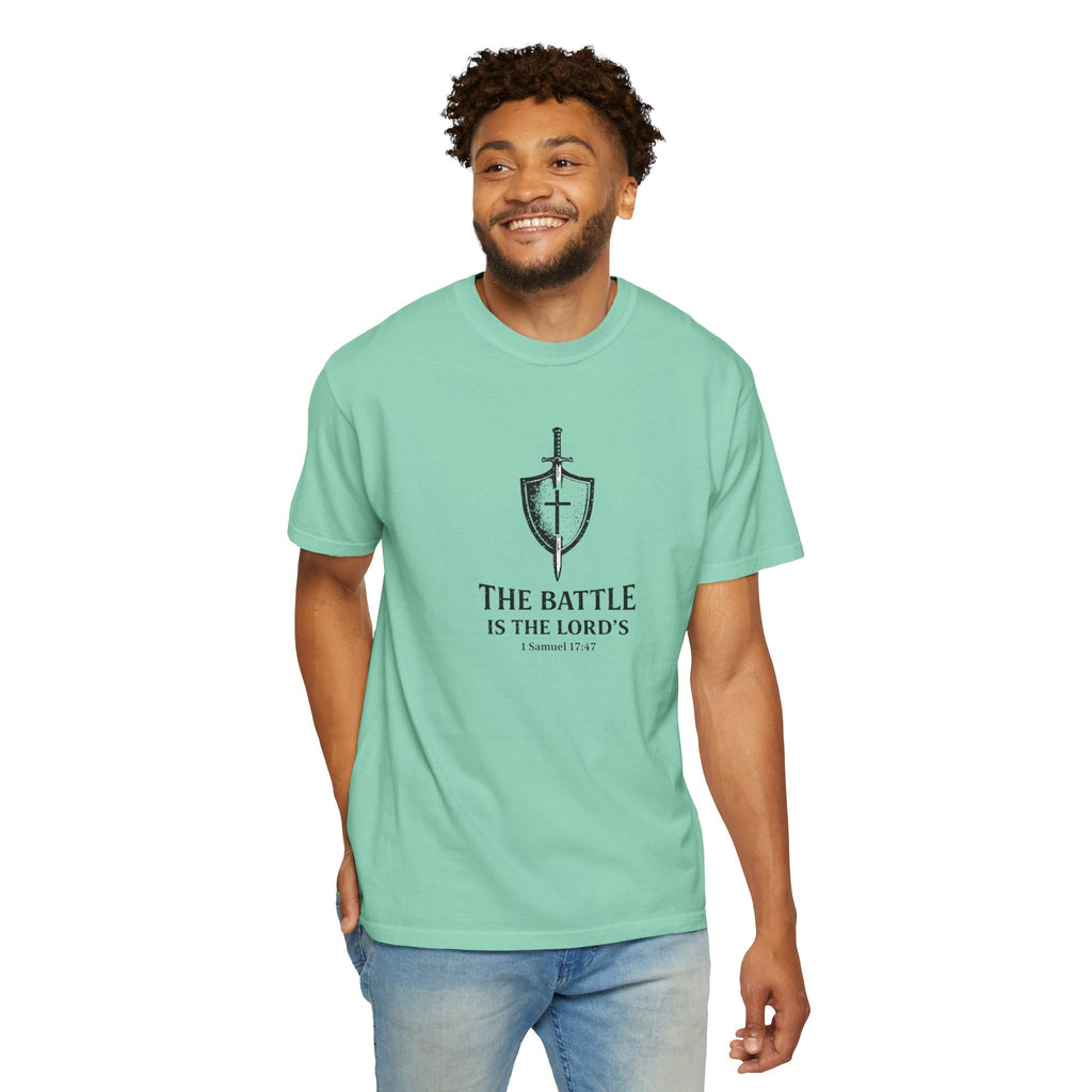 Christian Sword & Shield T-Shirt — “The Battle Is The Lord’s” (1 Samuel 17:47)