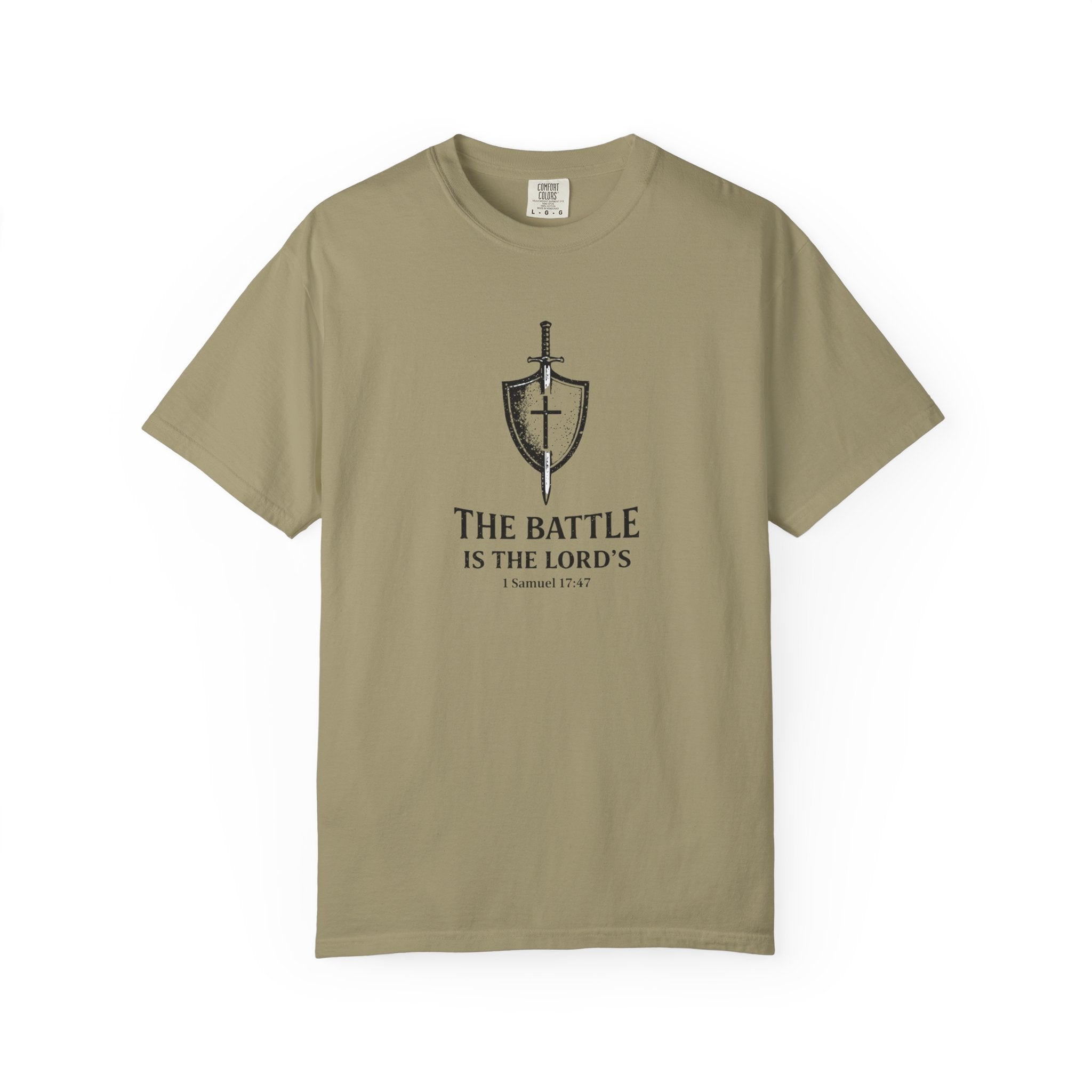 Christian Sword & Shield T-Shirt — “The Battle Is The Lord’s” (1 Samuel 17:47)