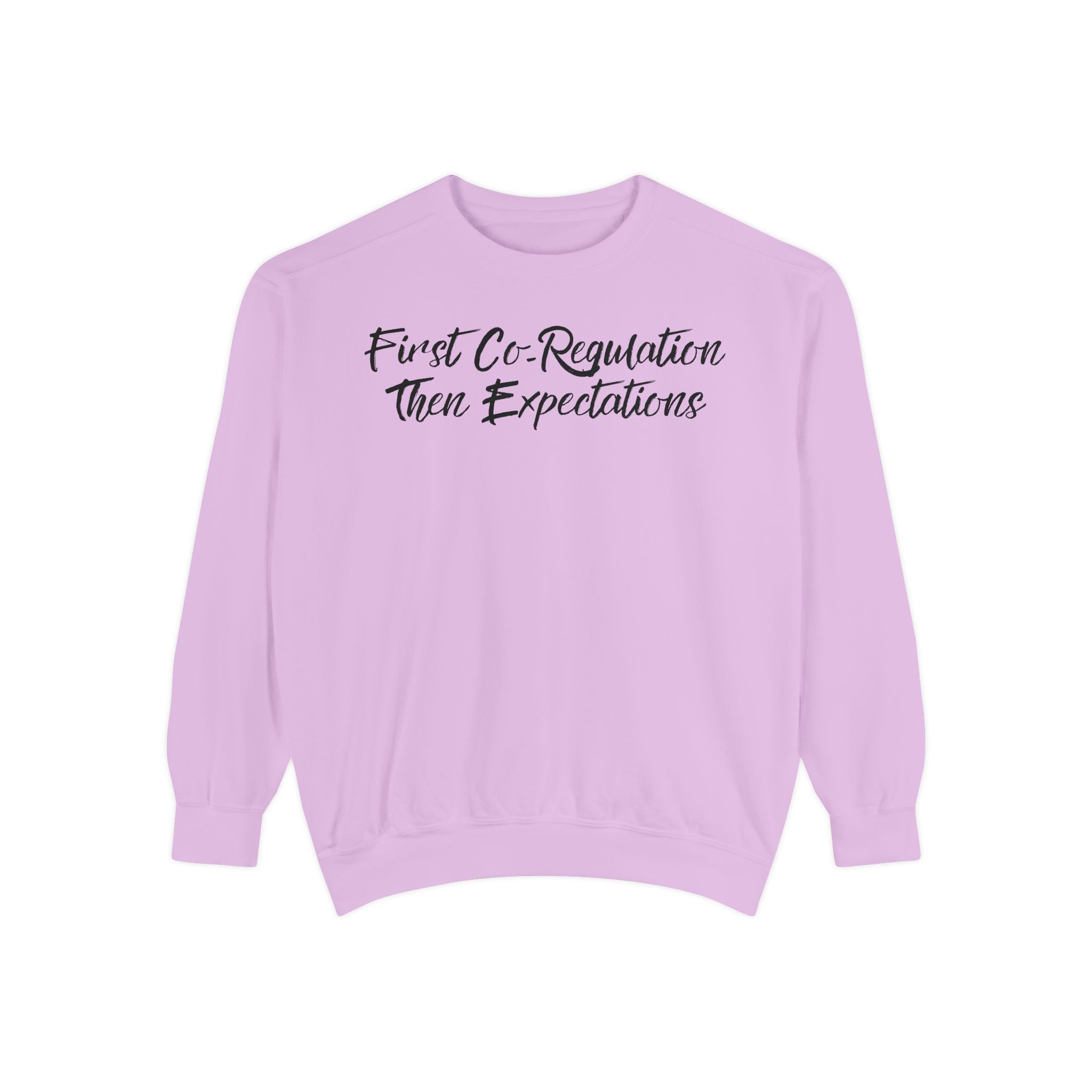 Sweatshirt — "First Co-Regulation Then Expectations" / "Calm Brains Work Better" Inspirational Crewneck
