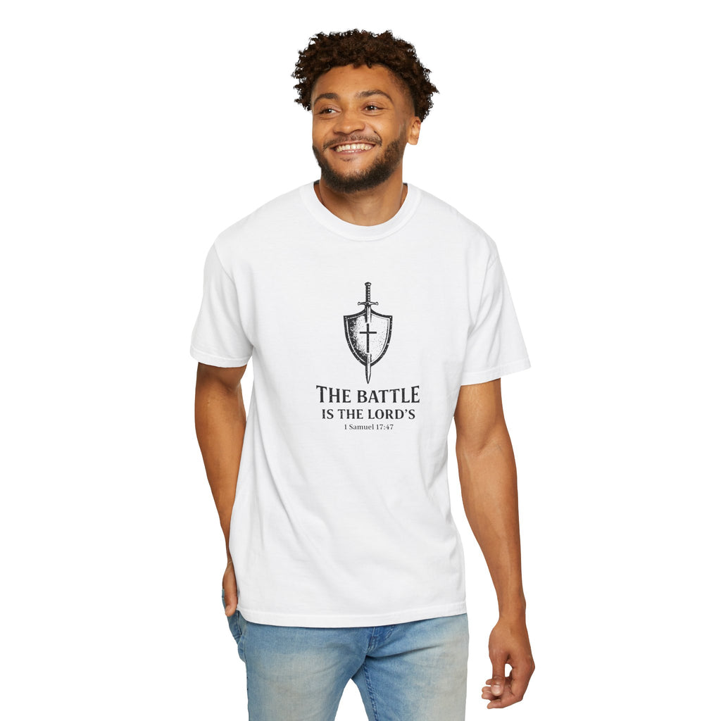 Christian Sword & Shield T-Shirt — “The Battle Is The Lord’s” (1 Samuel 17:47)