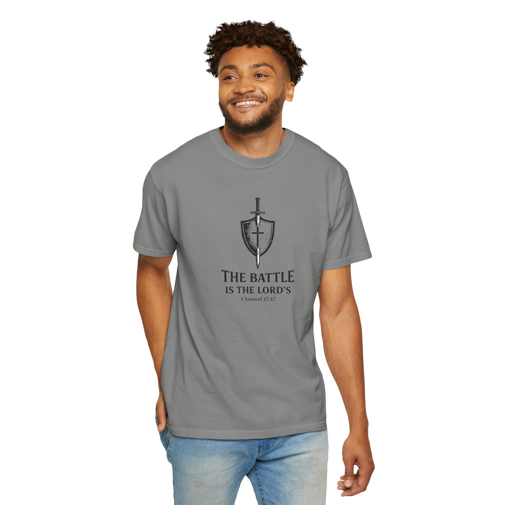 Christian Sword & Shield T-Shirt — “The Battle Is The Lord’s” (1 Samuel 17:47)