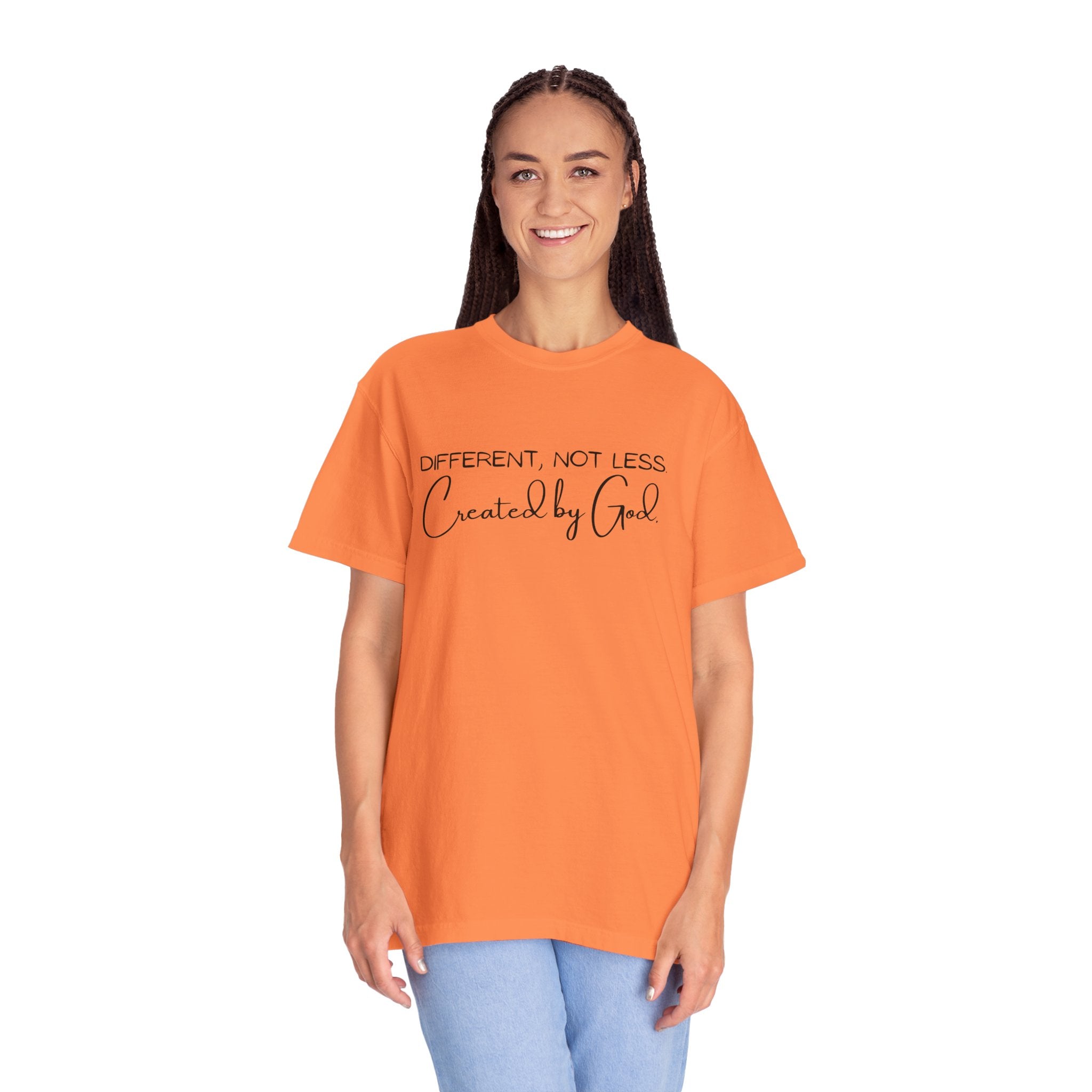 Created by God T-Shirt — "Different, Not Less" Christian Faith Tee