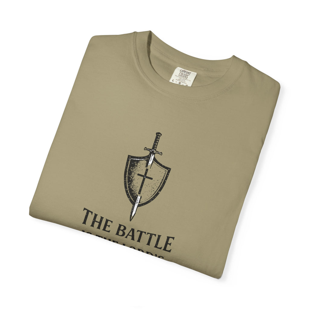 Christian Sword & Shield T-Shirt — “The Battle Is The Lord’s” (1 Samuel 17:47)