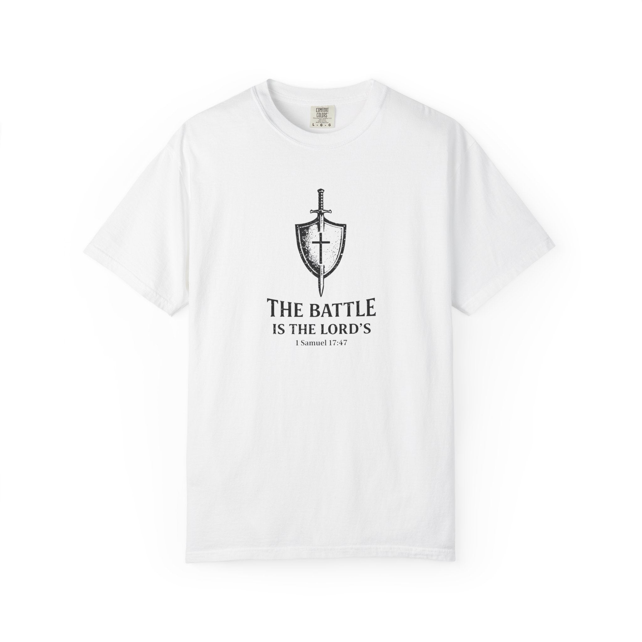 Christian Sword & Shield T-Shirt — “The Battle Is The Lord’s” (1 Samuel 17:47)