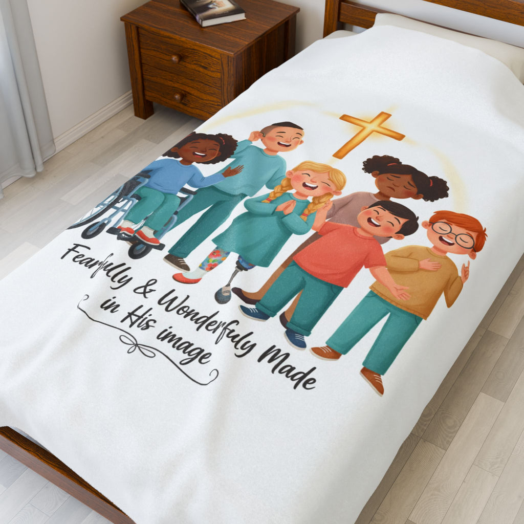 Christian Kids Velveteen Plush Blanket — "Fearfully & Wonderfully Made" Inclusive Faith Throw