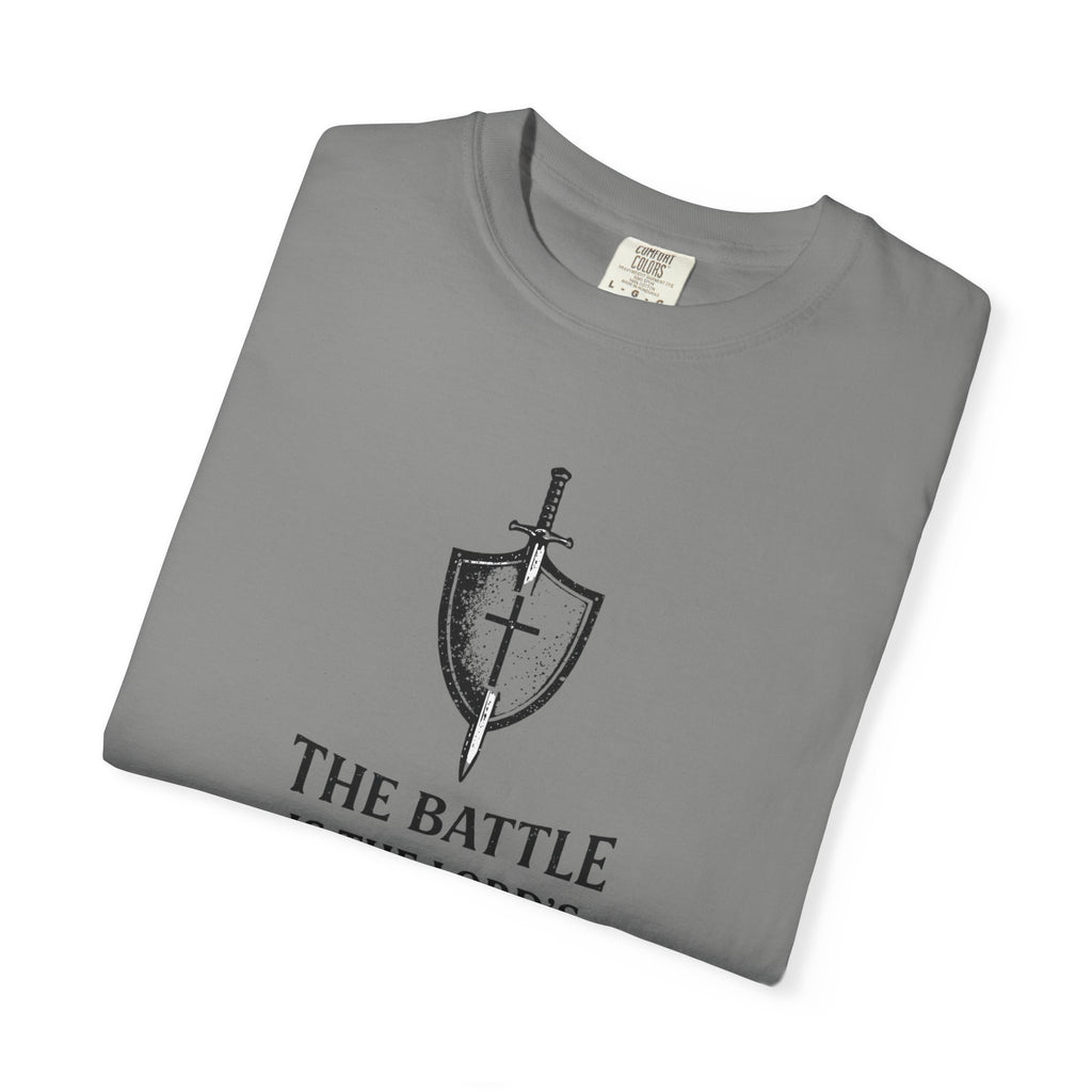 Christian Sword & Shield T-Shirt — “The Battle Is The Lord’s” (1 Samuel 17:47)