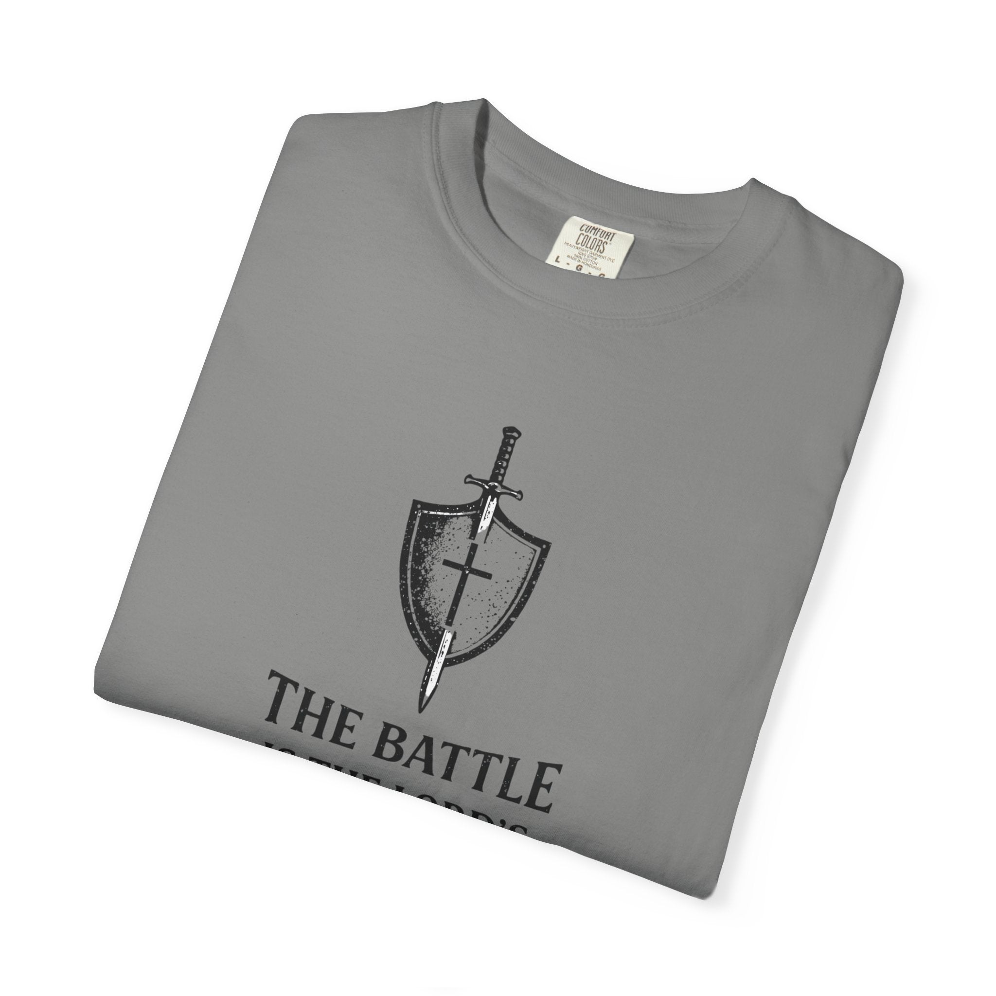 Christian Sword & Shield T-Shirt — “The Battle Is The Lord’s” (1 Samuel 17:47)